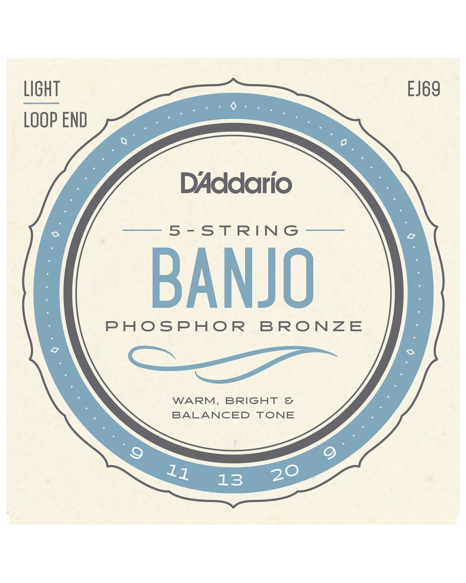 Front of D'Addario EJ69 Phosphor Bronze Light Gauge 5-String Banjo Strings