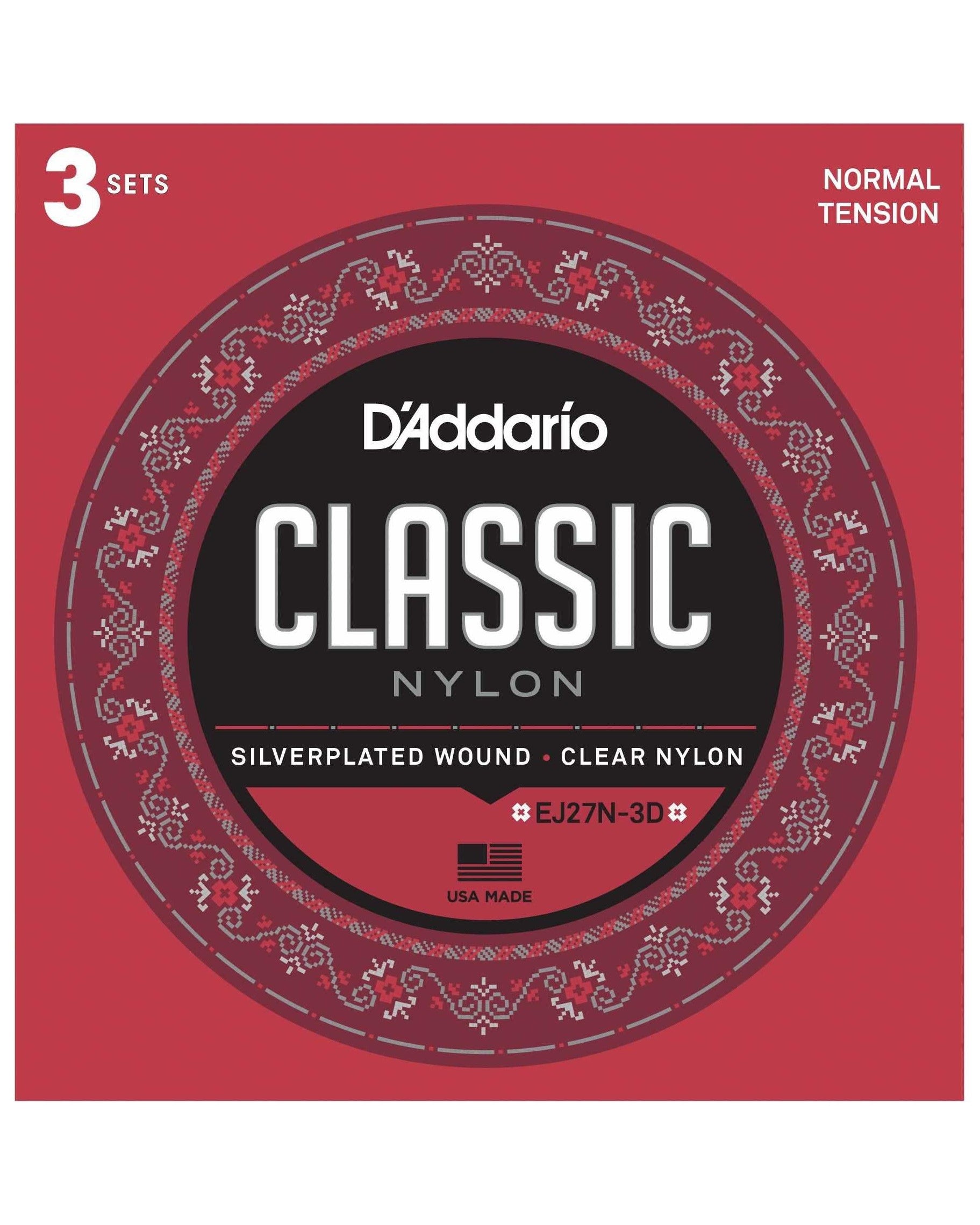 Image 1 of D'Addario EJ27N Silverplated Wound Clear Nylon Normal Tension Classical Guitar Strings, Three Pack - SKU# EJ27N3D : Product Type Strings : Elderly Instruments