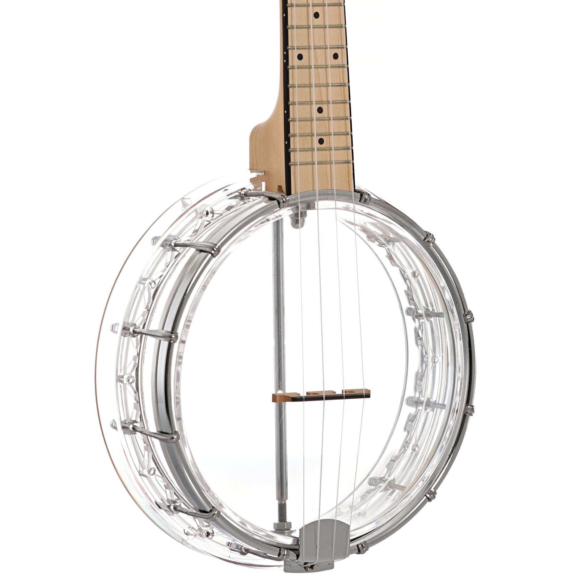 Front and side of Gold Tone Little Gem Banjo Ukulele & Gigbag, Diamond (clear)