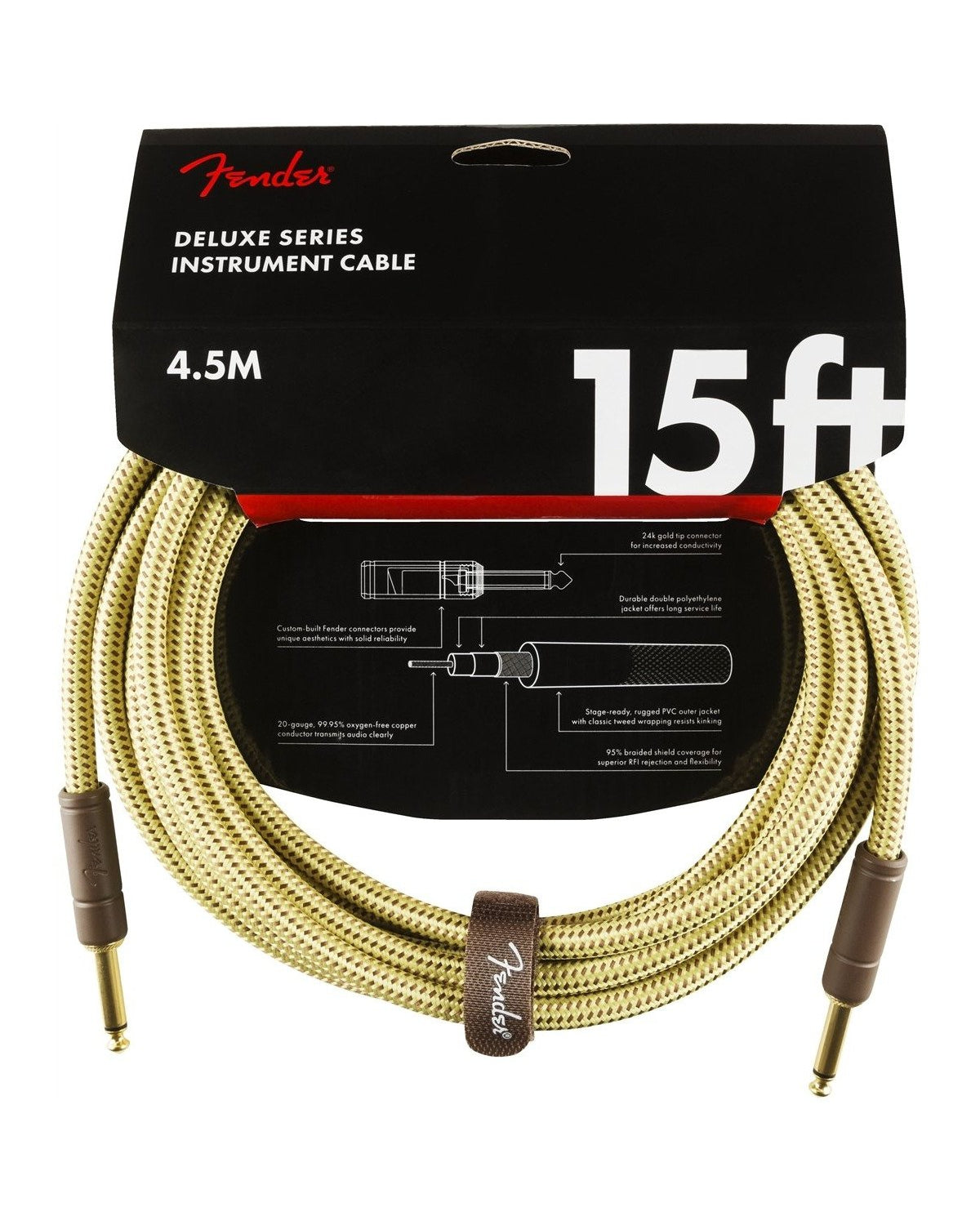 Front of Fender Deluxe Series Instrument Cable in packaging