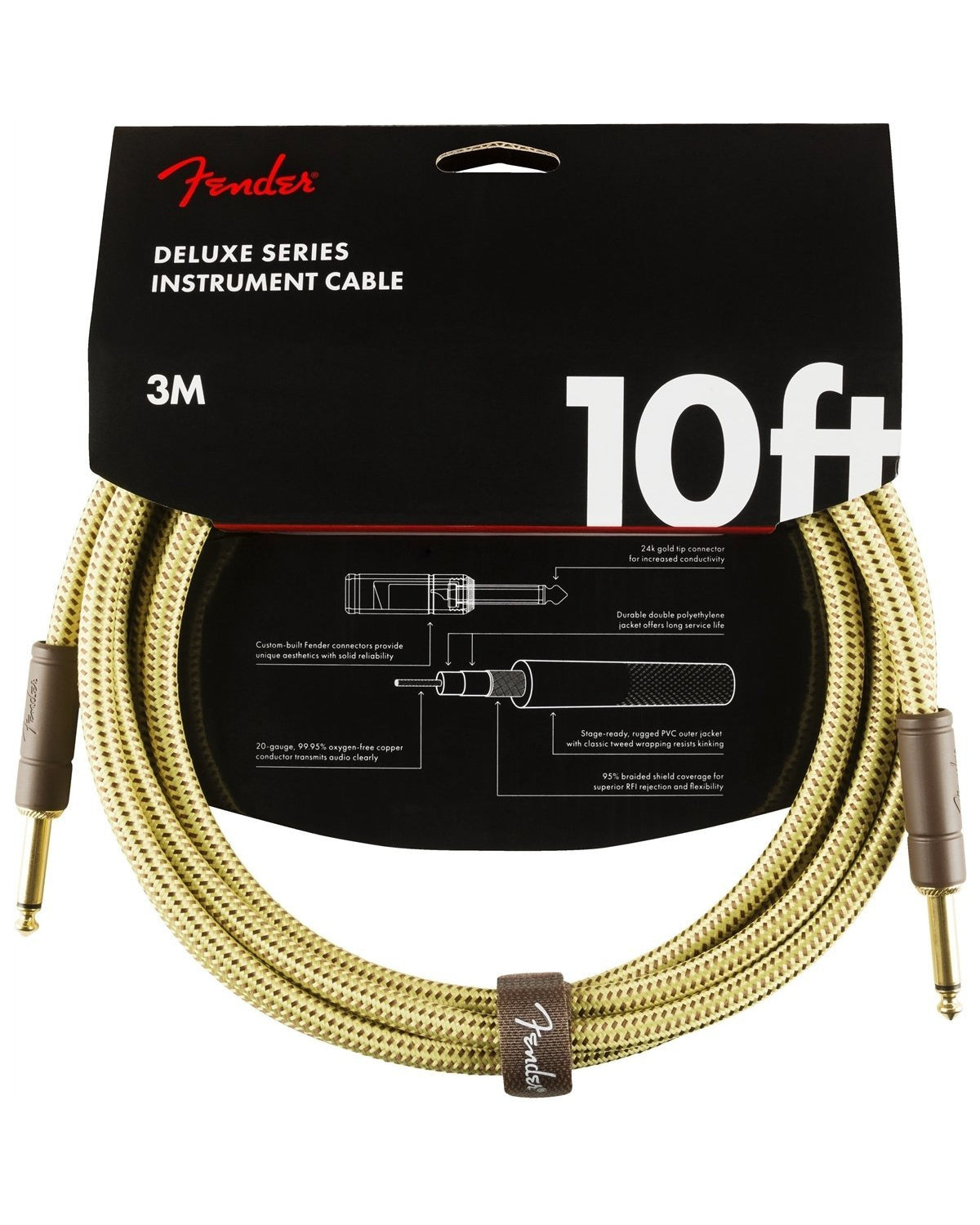 Front of Fender Deluxe Series Instrument Cable in packaging