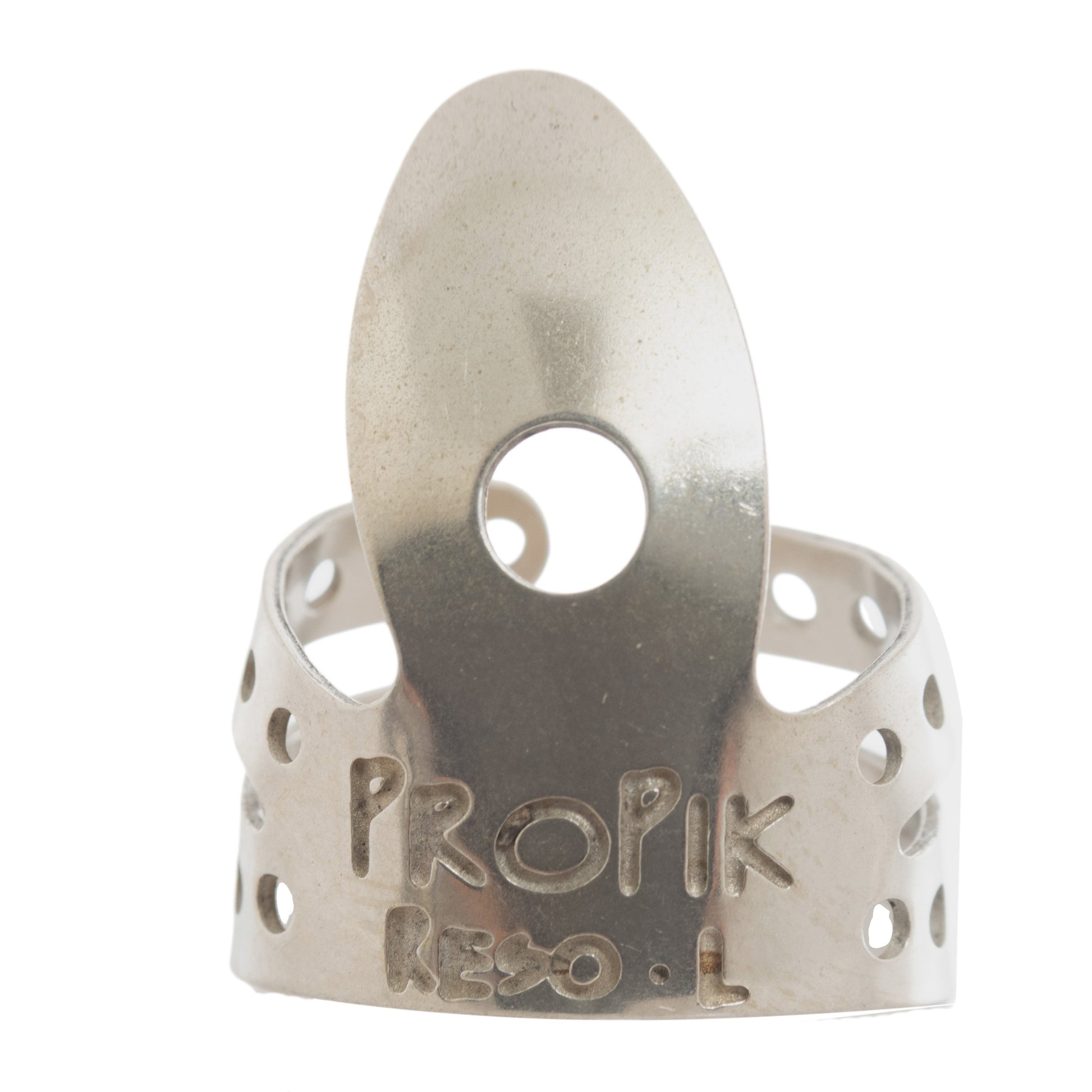 Front of Propik Nickel Resophonic Guitar Fingerpick, Split Wrap, Large