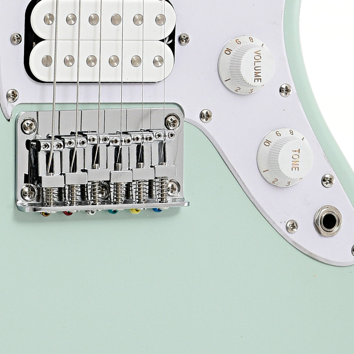 Bridge and controls of Squier Mini Jazzmaster HH, Surf Green