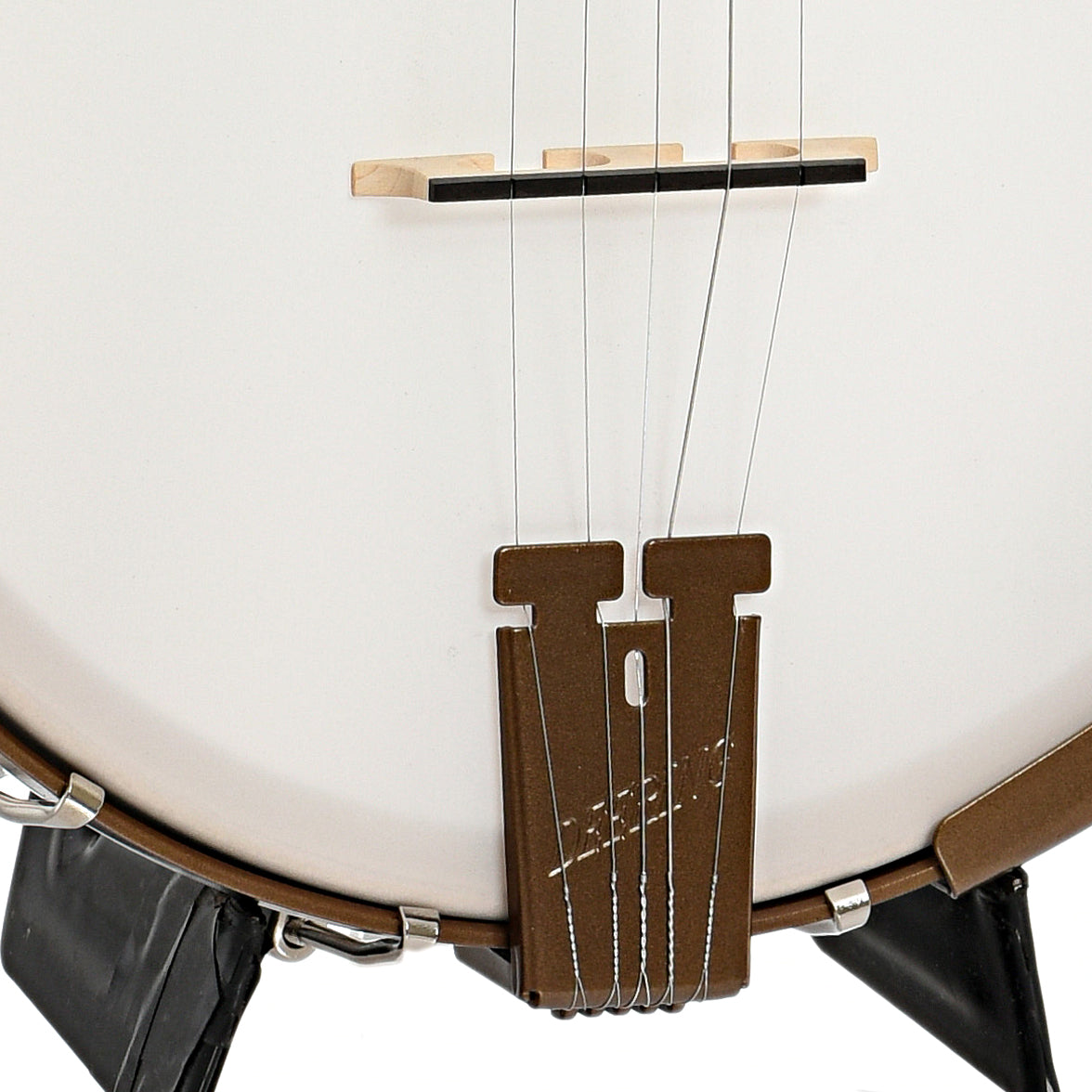 Tailpiece and bridge of Deering Lefthanded Goodtime Deco Openback Banjo with Scooped Fretboard