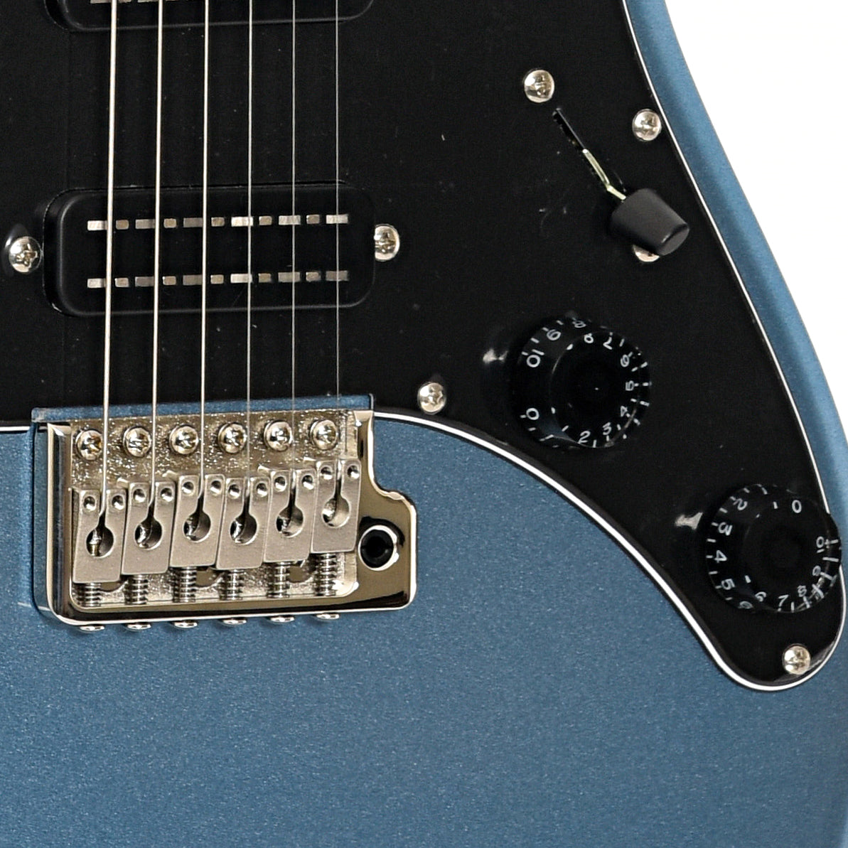 Bridge and controls of PRS SE NF3 Electric Guitar, Maple, Ice Blue Metallic