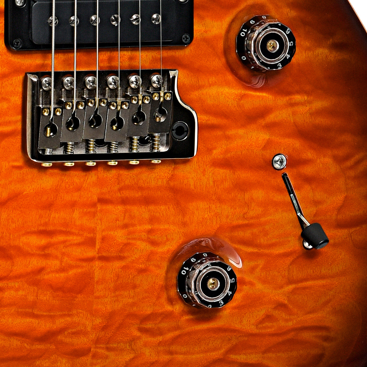 Bridge and controls of PRS Custom 24 Quilted Maple 10-Top Fatback Electric Guitar, Tobacco Burst