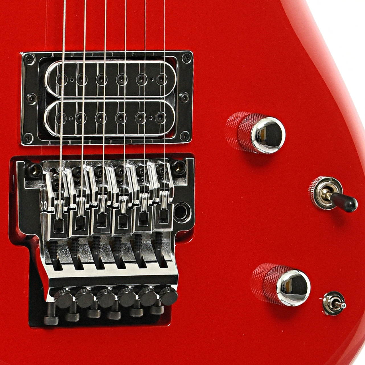 Tremolo bridge, bridge pickup and controls of Ibanez Joe Satriani Signature JS2480 Electric Guitar, Muscle Car Red