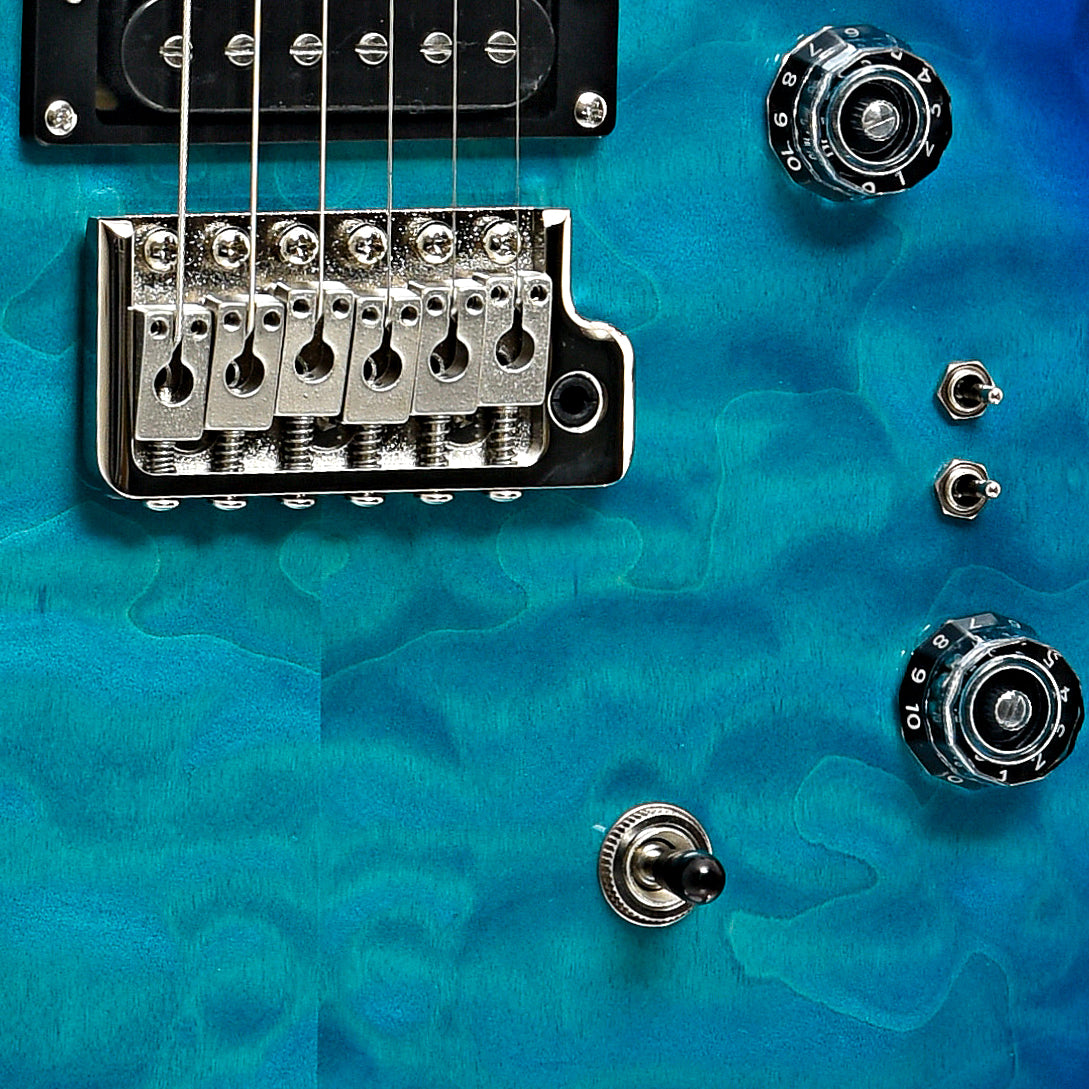 Bridge and controls of PRS SE Custom 24-08 Quilt Top Lake Blue Electric Guitar