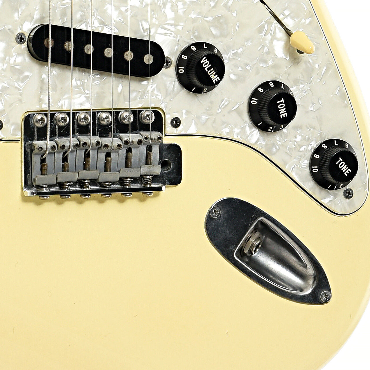 Tremolo bridge and controls of Fender Standard Stratocaster Electric Guitar (c.1987)