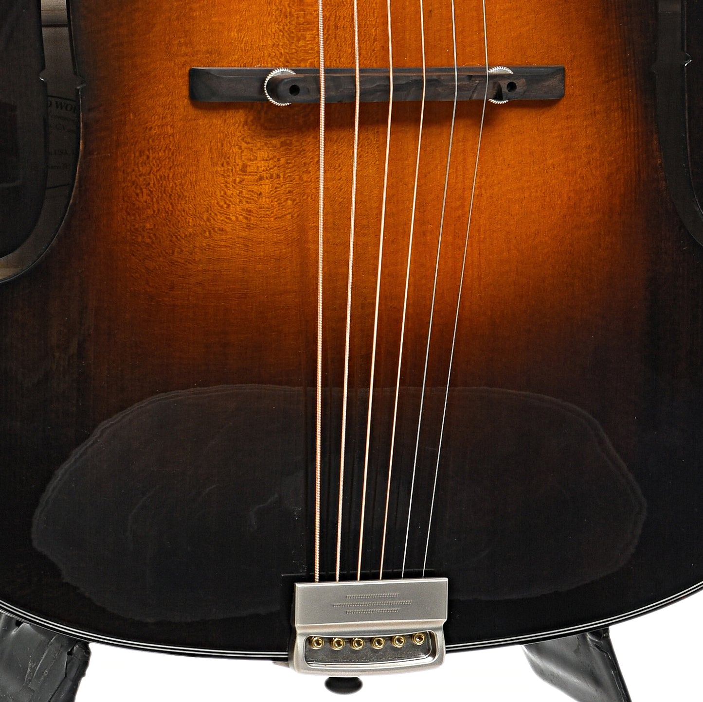 Tailpiece and bridge of Northfield "The Rival" Archtop Acoustic Guitar, Antique Cremona Sunburst