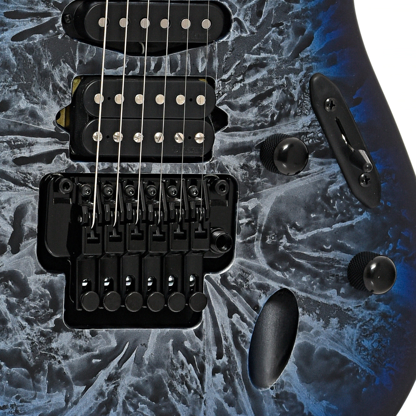 tremolo bridge and controls of Ibanez B-Stock S770 Electric Guitar, Cosmic Blue Frozen Matte