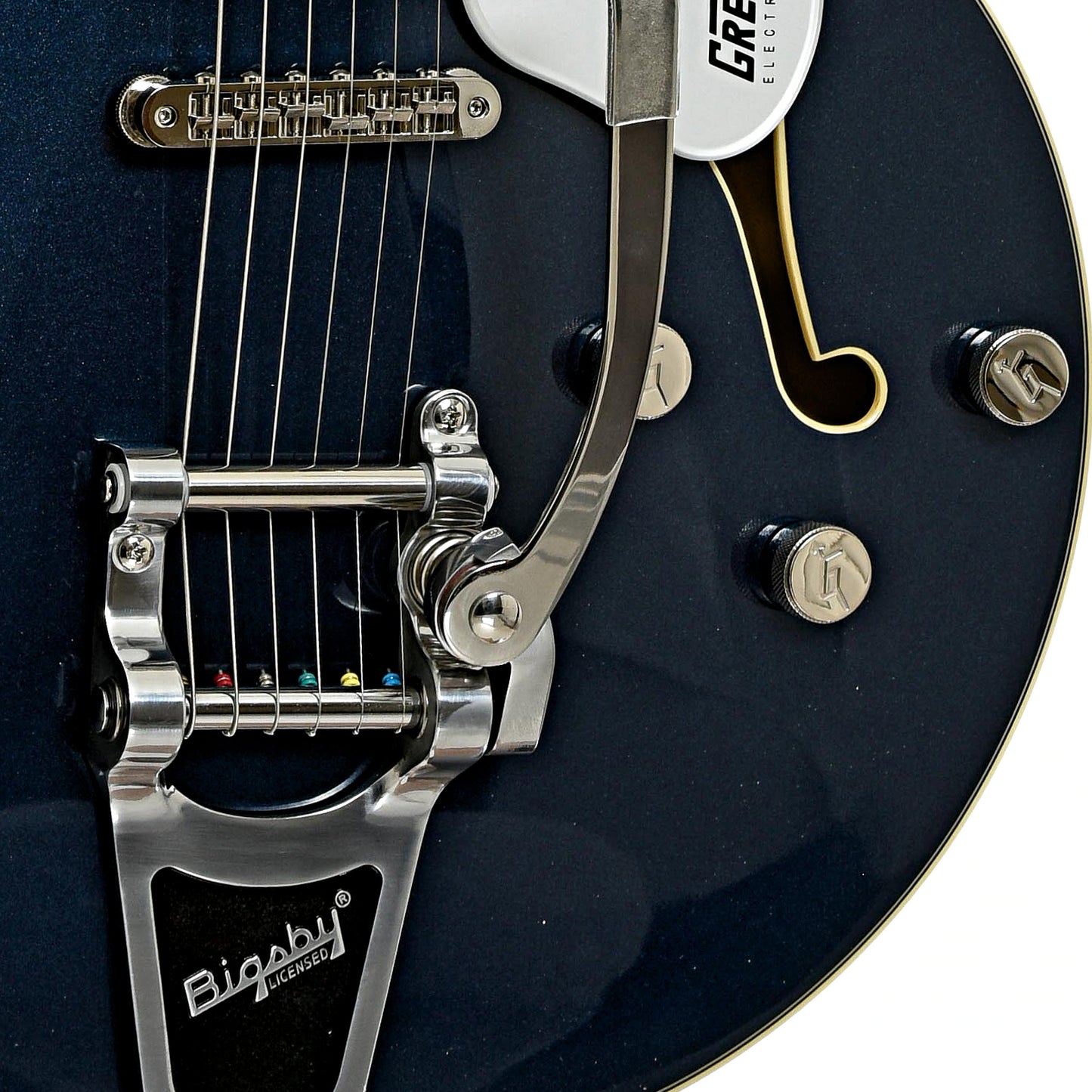 Bridge and controls of Gretsch G5622T Electromatic Center Block Double-Cut with Bigsby, Midnight Sapphire