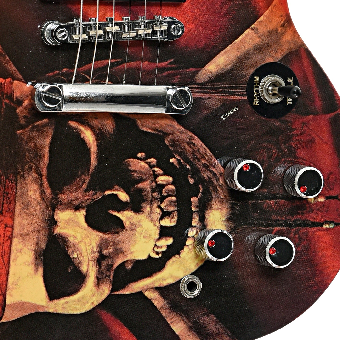 Tailpiece, bridge and controls of Epiphone Pirates of the Caribbean G-400 Electric Guitar