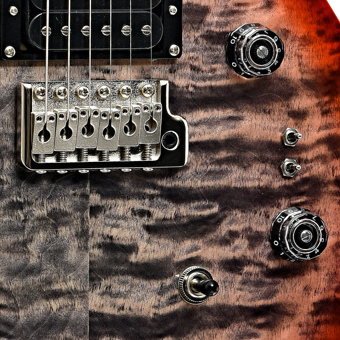 Bridge and controls of PRS SE Custom 24-08 Quilt Top Charcoal Cherry Burst Electric Guitar