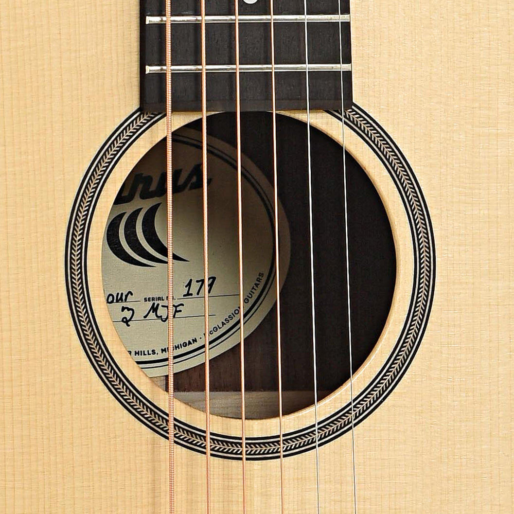 Sound hole of Cirrus Figured Walnut Parlor Guitar