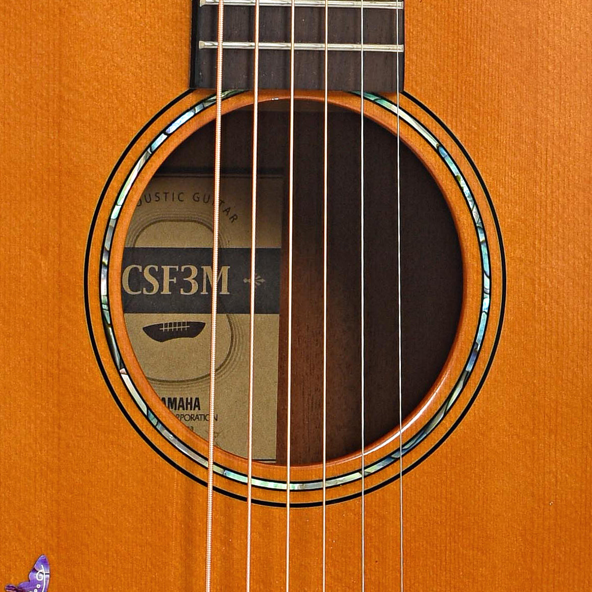 Sound hole of Yamaha CSF3M Parlor Size Acoustic Guitar (c.2021)