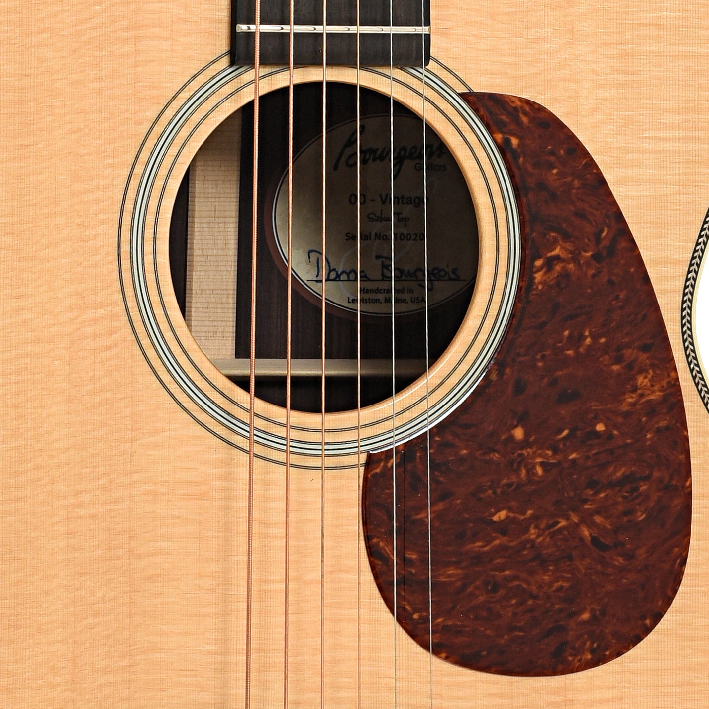 Sound hole and pickguard of Bourgeois Professional Series Vintage OO Acoustic 