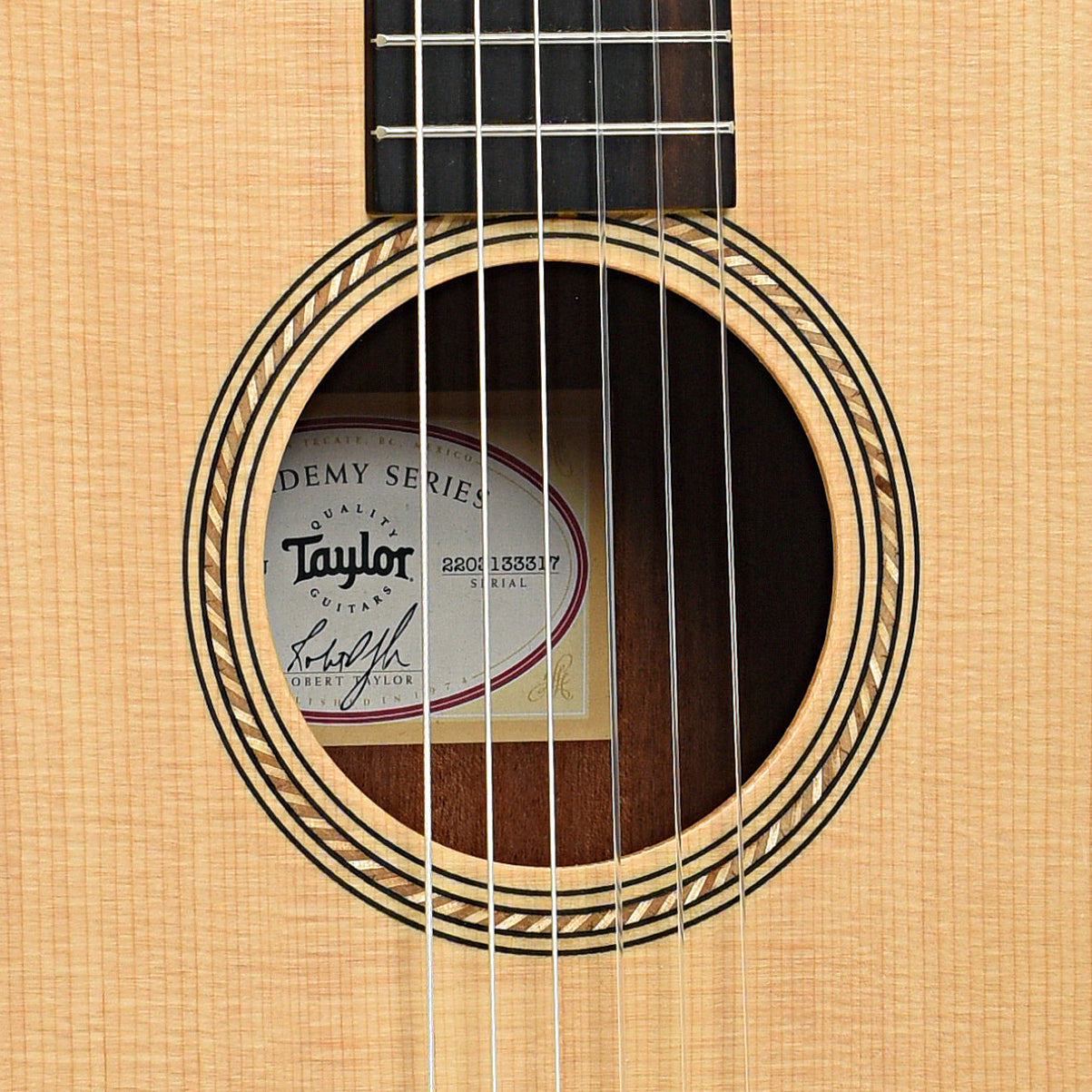 Sound hole of Taylor Academy 12E-N Nylon String Acoustic Guitar (2023)