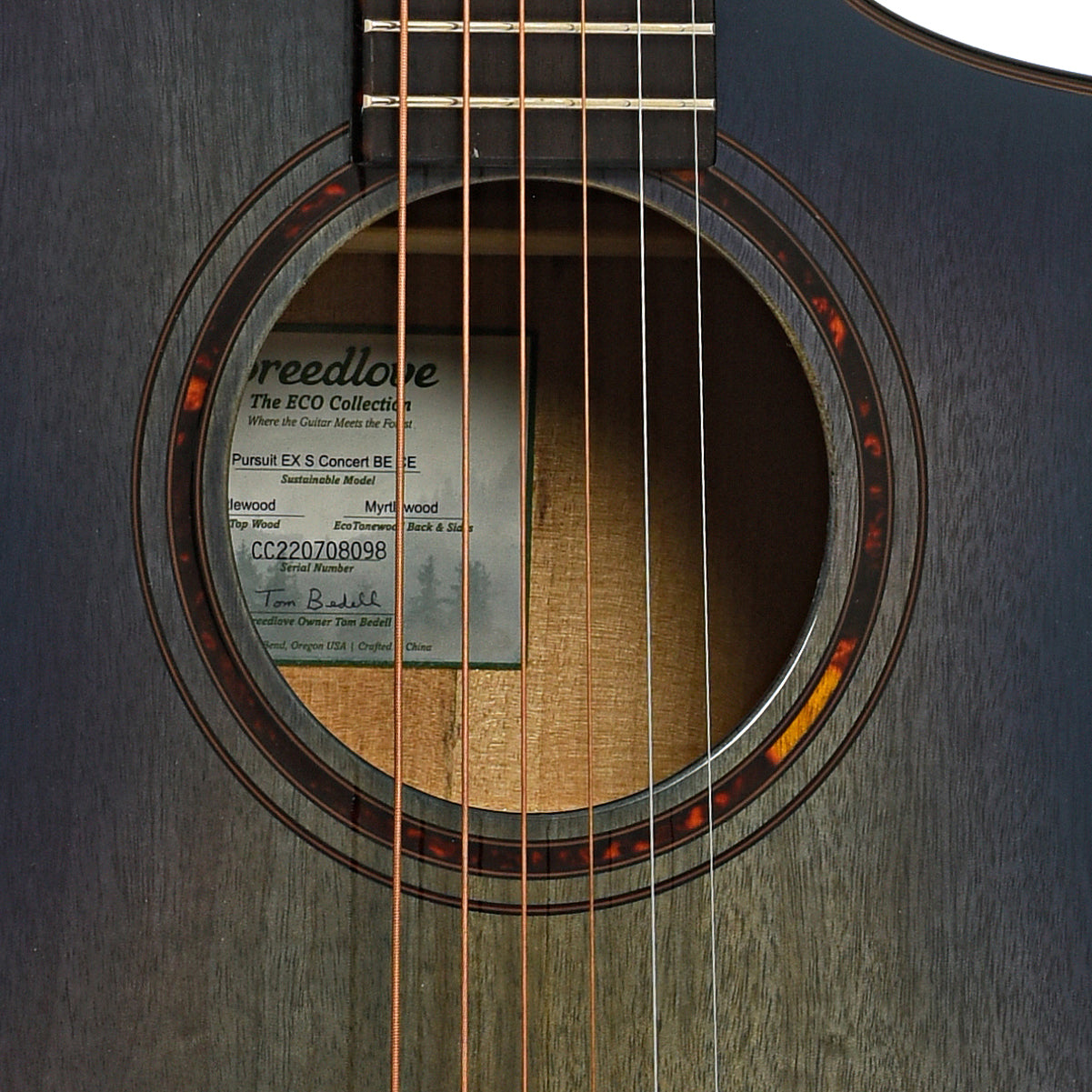 Sound hole of Breedlove Pursuit Exotic S Concert Blue Eyes CE Myrtlewood-Myrtlewood Acoustic-Electric 