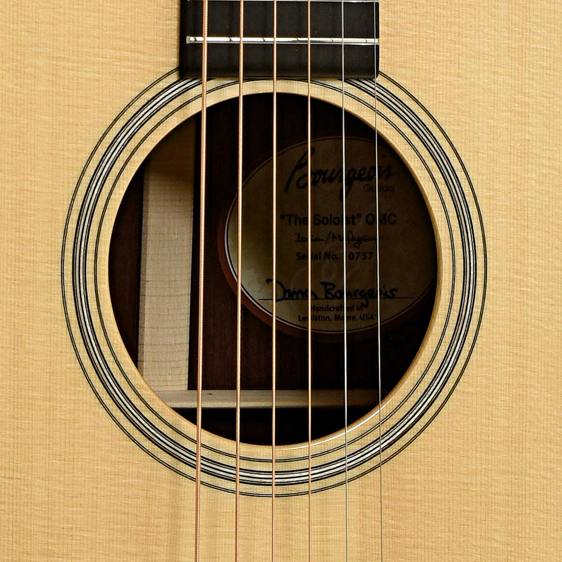 Soundhole of Bourgeois Legacy Series Soloist OM Cutaway Acoustic Guitar