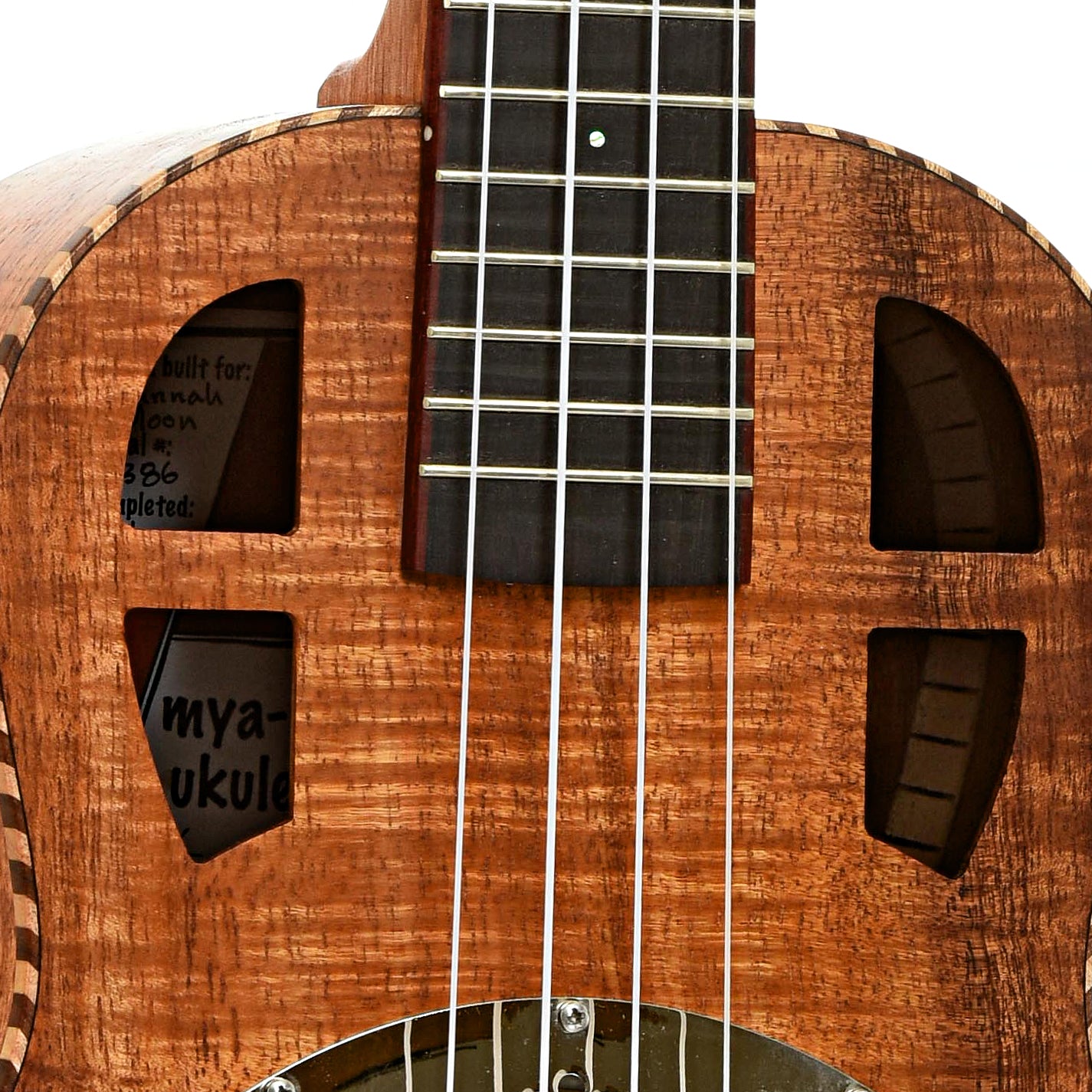 Soundholes of Mya Moe Tenor Resonator Ukulele 