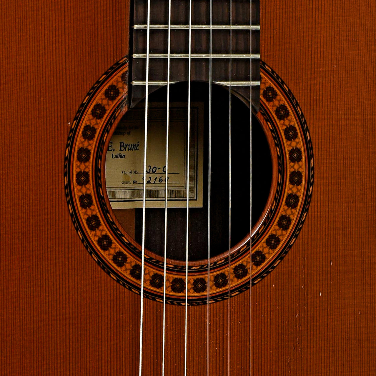 Soundhole of R.E. Brune Model 30C Classical Guitar