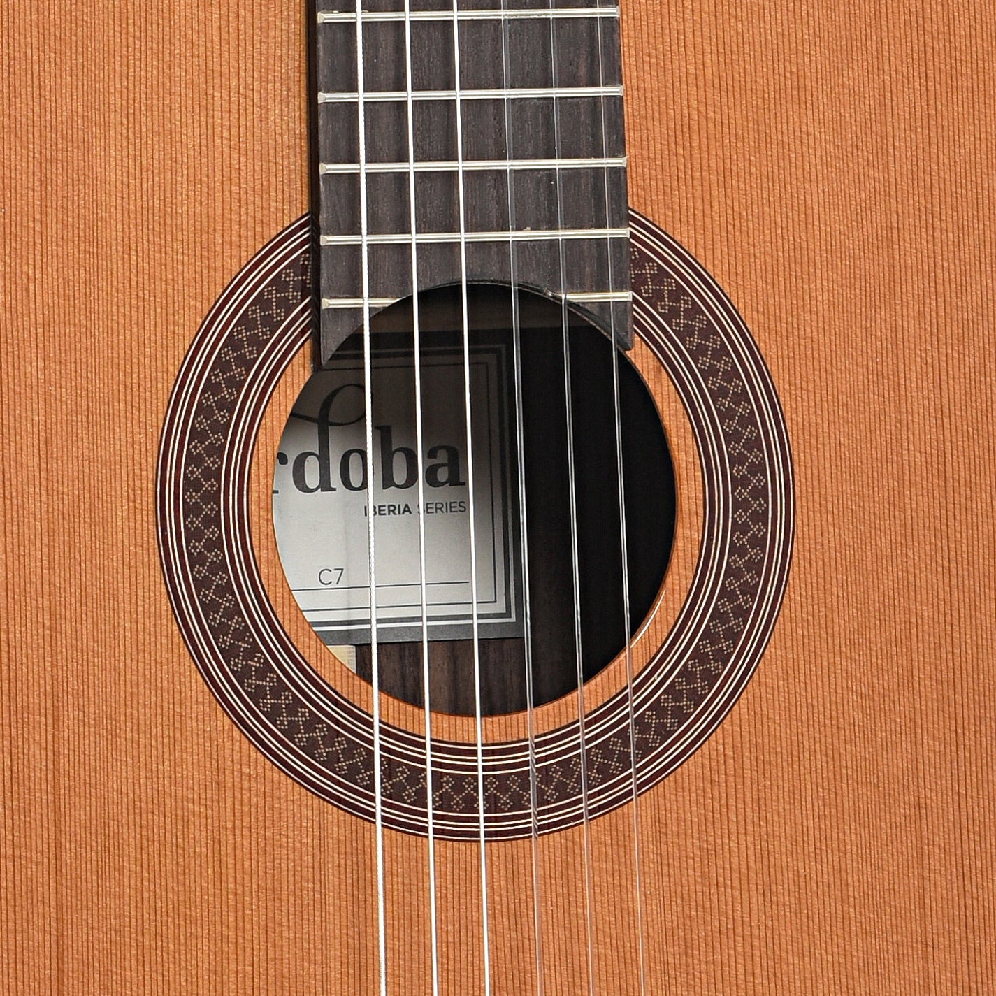 Sound hole of Cordoba C7 Classical Guitar, Cedar Top (recent)