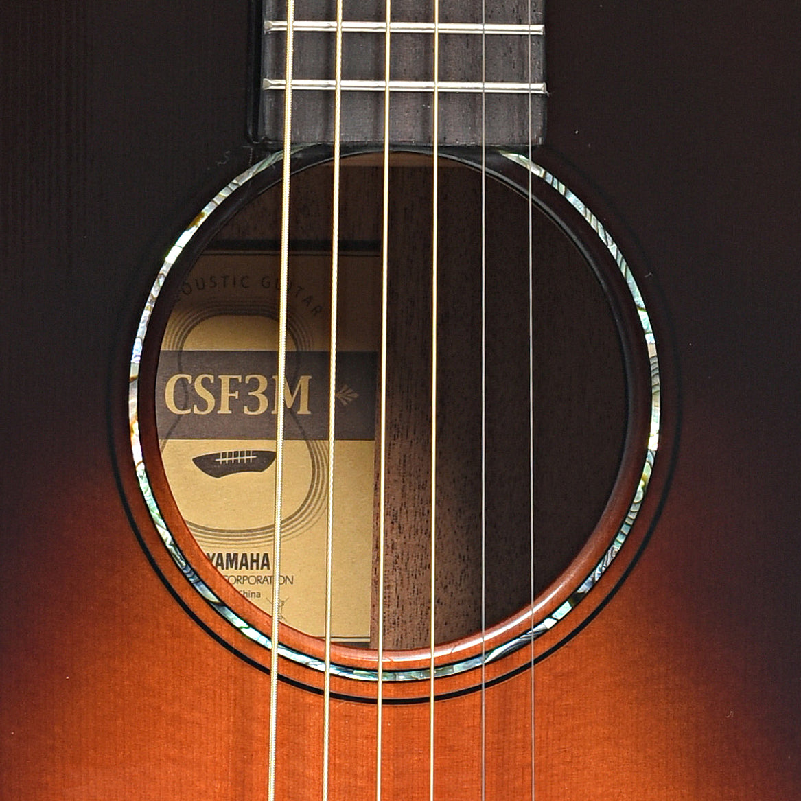 Sound hole of Yamaha CSF3M Tobacco Sunburst Parlor Guitar