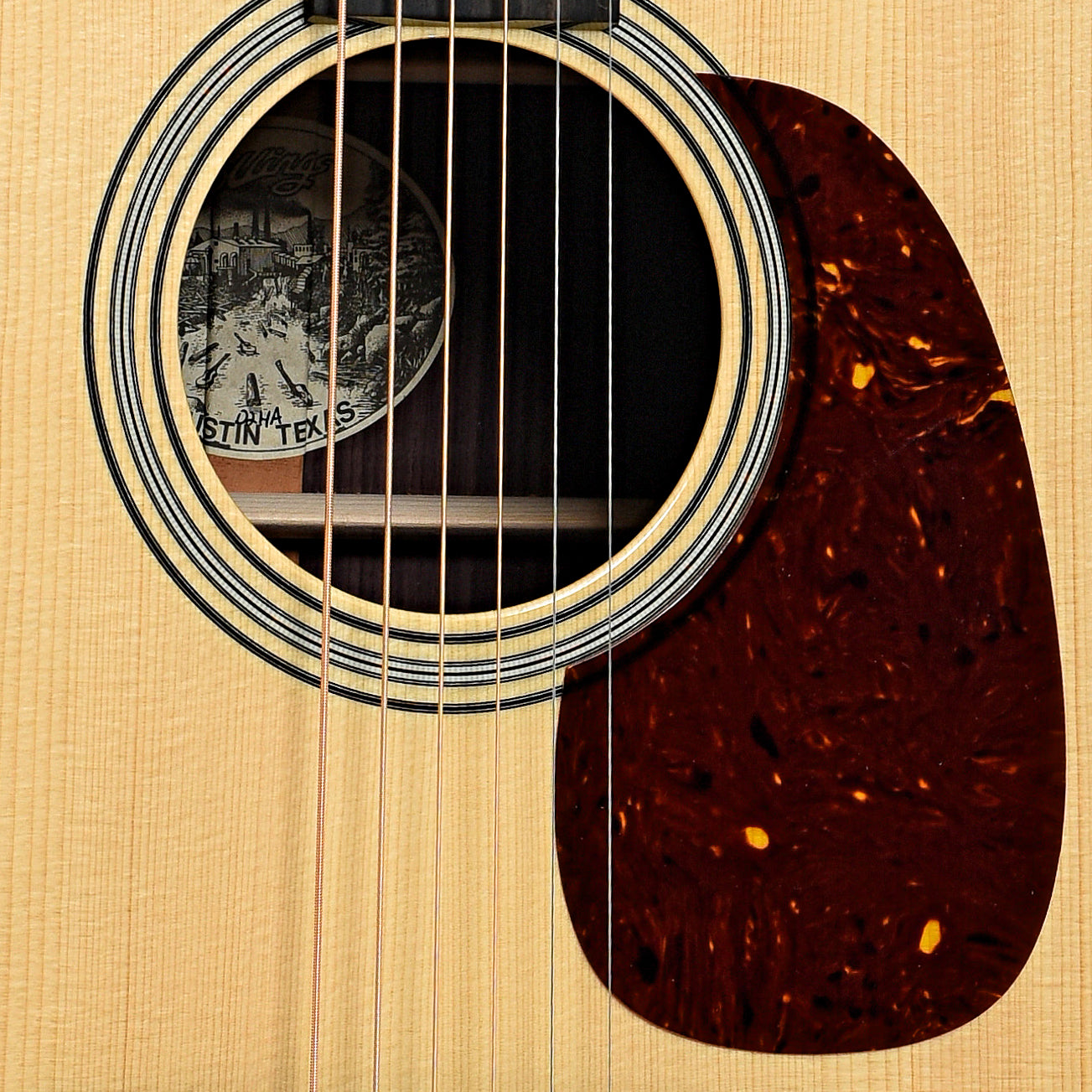 Soundhole of Collings D2HA Dreadnought Acoustic Guitar, Adirondack Top, 1-3/4" Nut, Serial #35033.