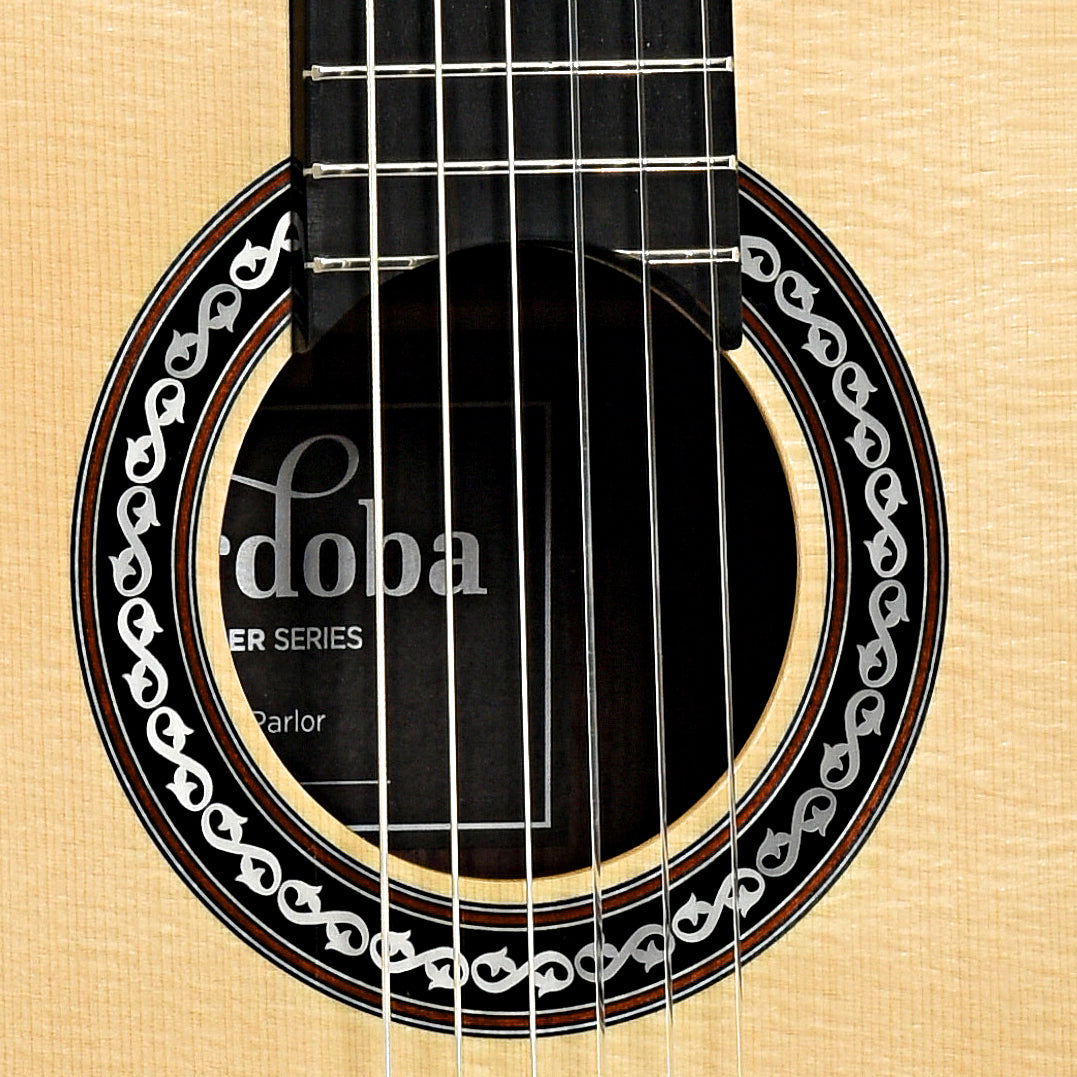 Sound hole of Cordoba C-10 Parlor Nylon String Guitar