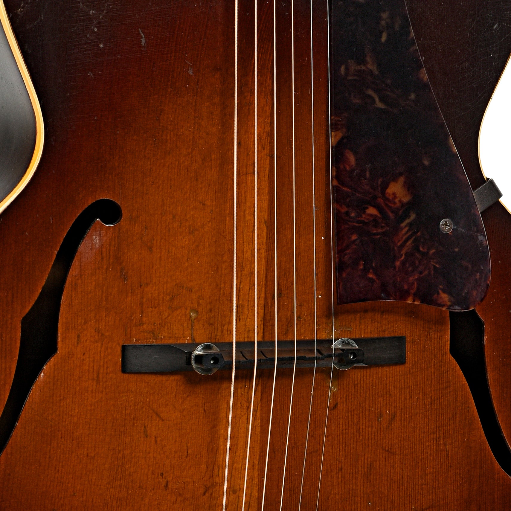 Bridge and f-holes of Gibson L-50 Banner Archtop Acoustic Guitar