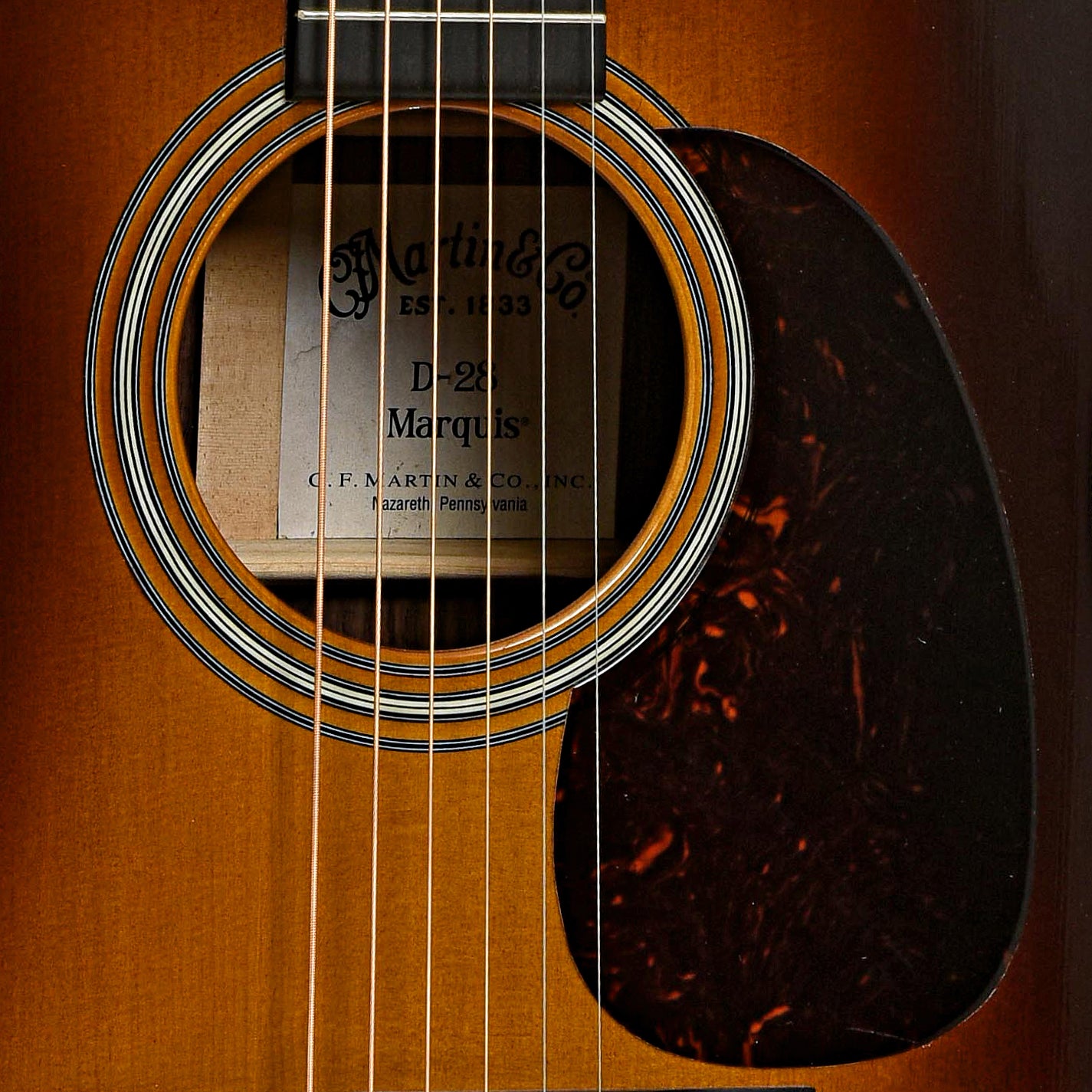 
Soundhole of Martin D-28 Marquis Sunburst Acoustic Guitar 