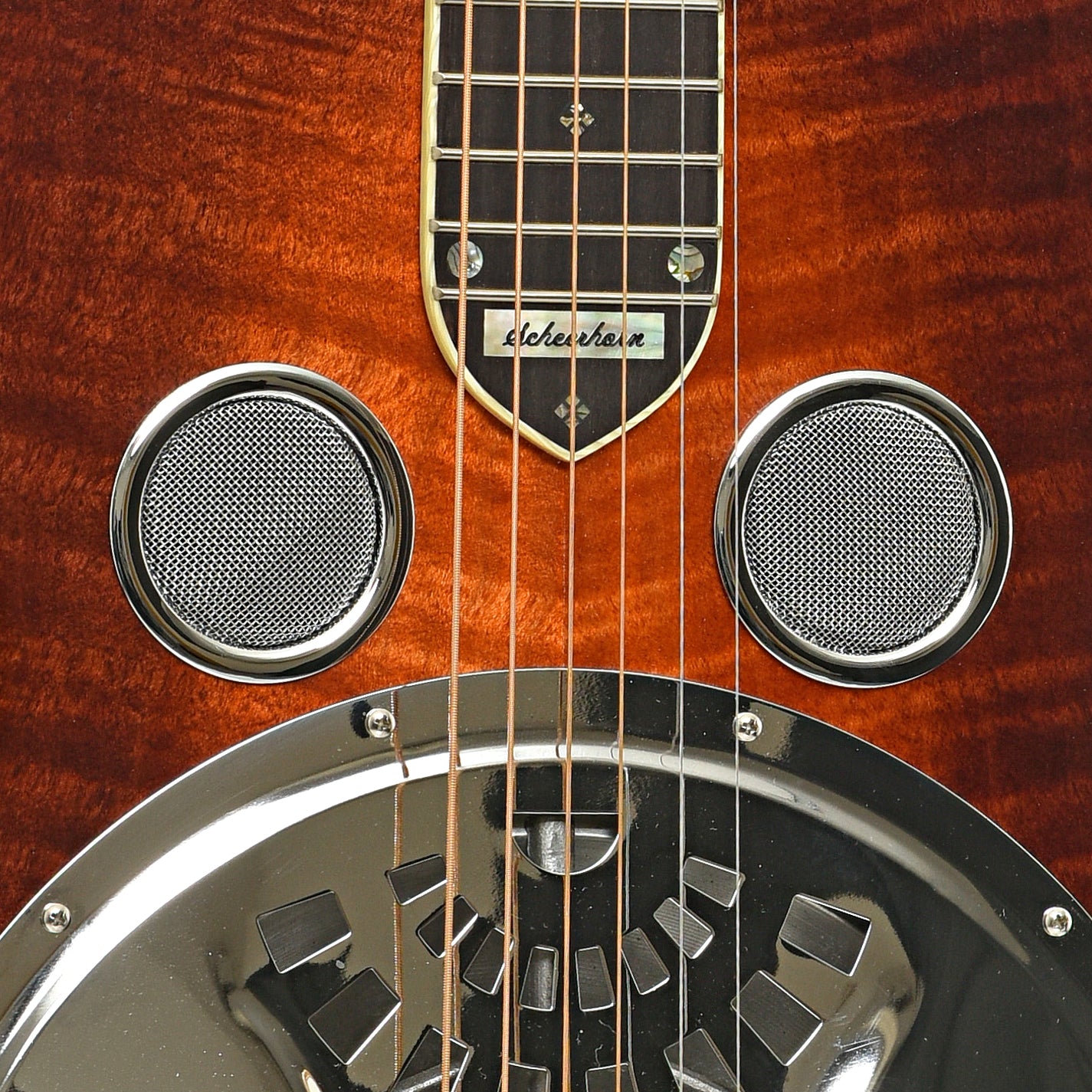 Soundholes of  Scheerhorn Maple R Custom Squareneck Resonator Guitar