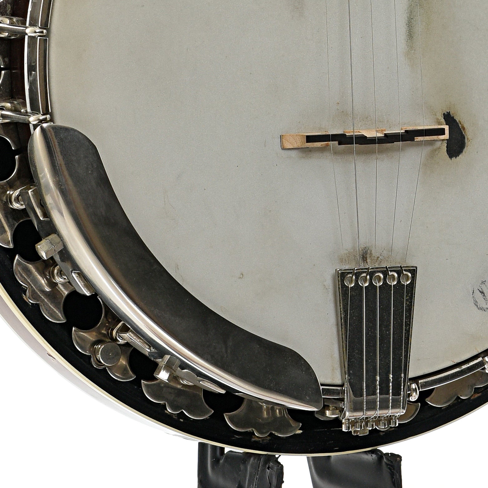 Armrest, tailpiece and bridge of Deering Deluxe Resonator Banjo (1982)