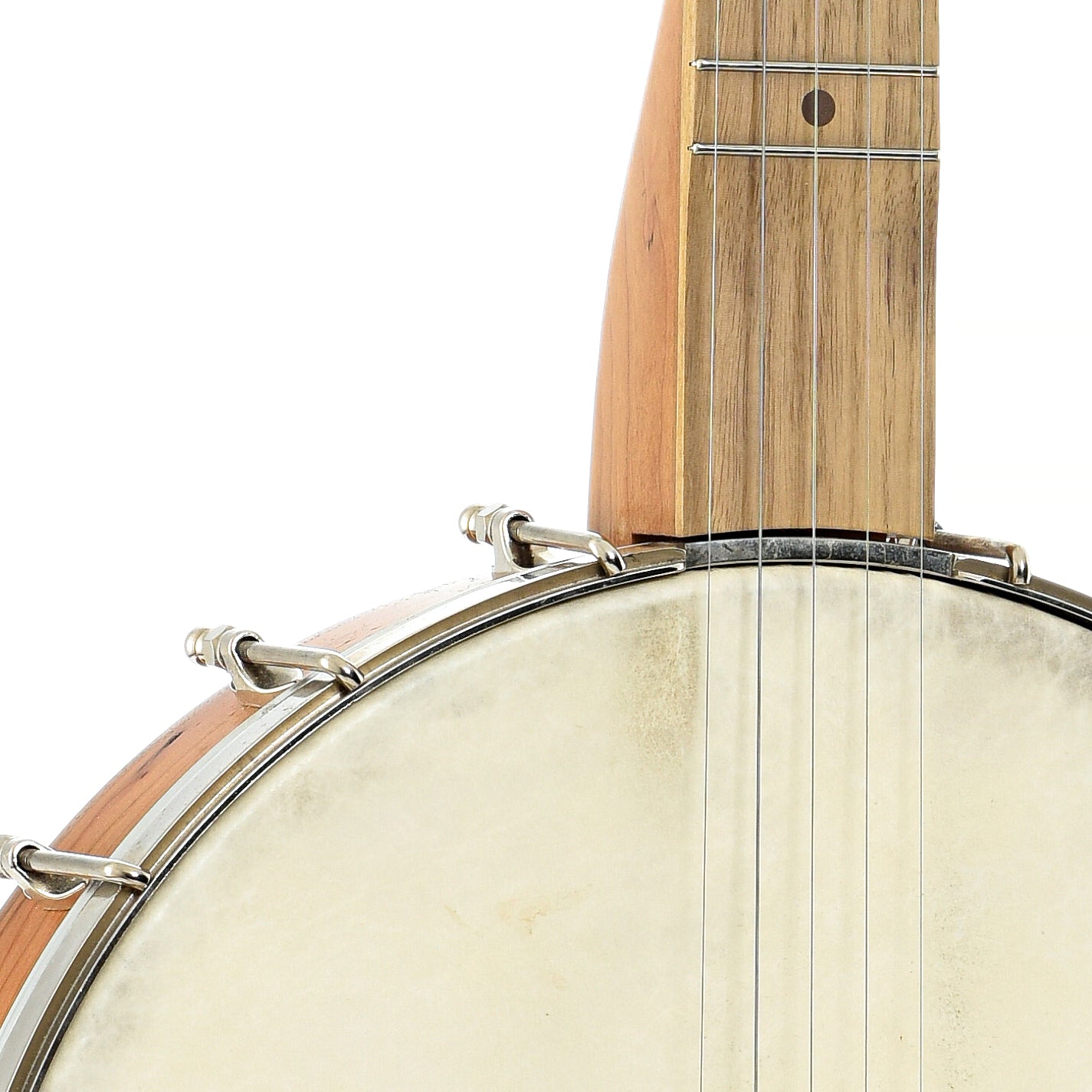 Front body and neck join of Pisgah Possum Cherry 12" Open Back Banjo (c.2014)