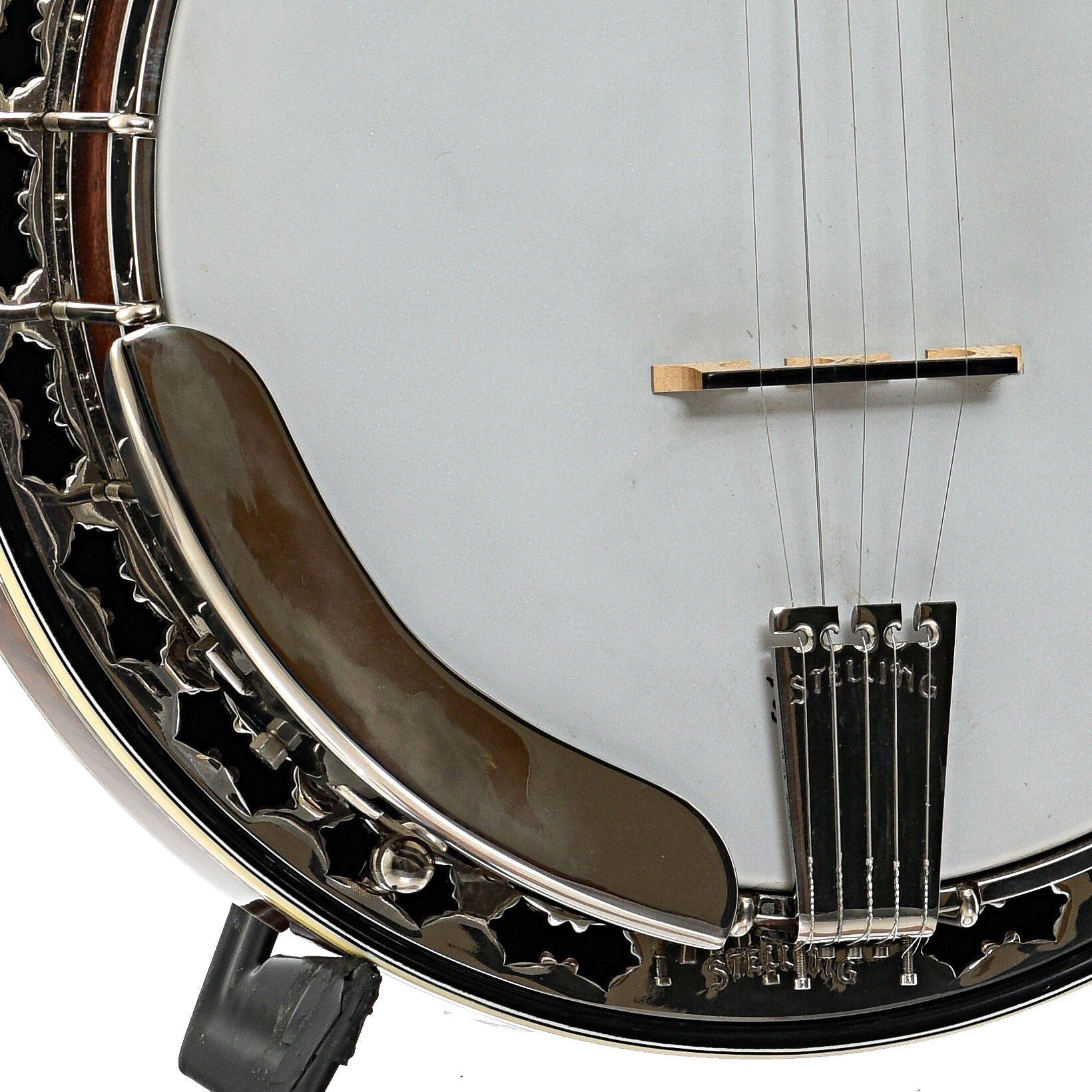 Armrest, tailpiece and bridge of Stelling Staghorn Resonator Banjo (c.1984)