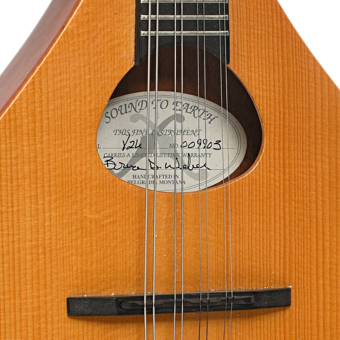 Sound hole and bridge of Weber Y2K A-Style Mandolin (2000)