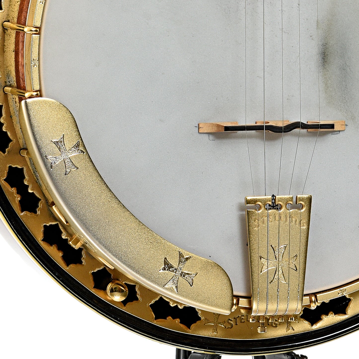 Armrest, tailpiece, and bridge of Stelling Crusader Deluxe Resonator Banjo (2004)