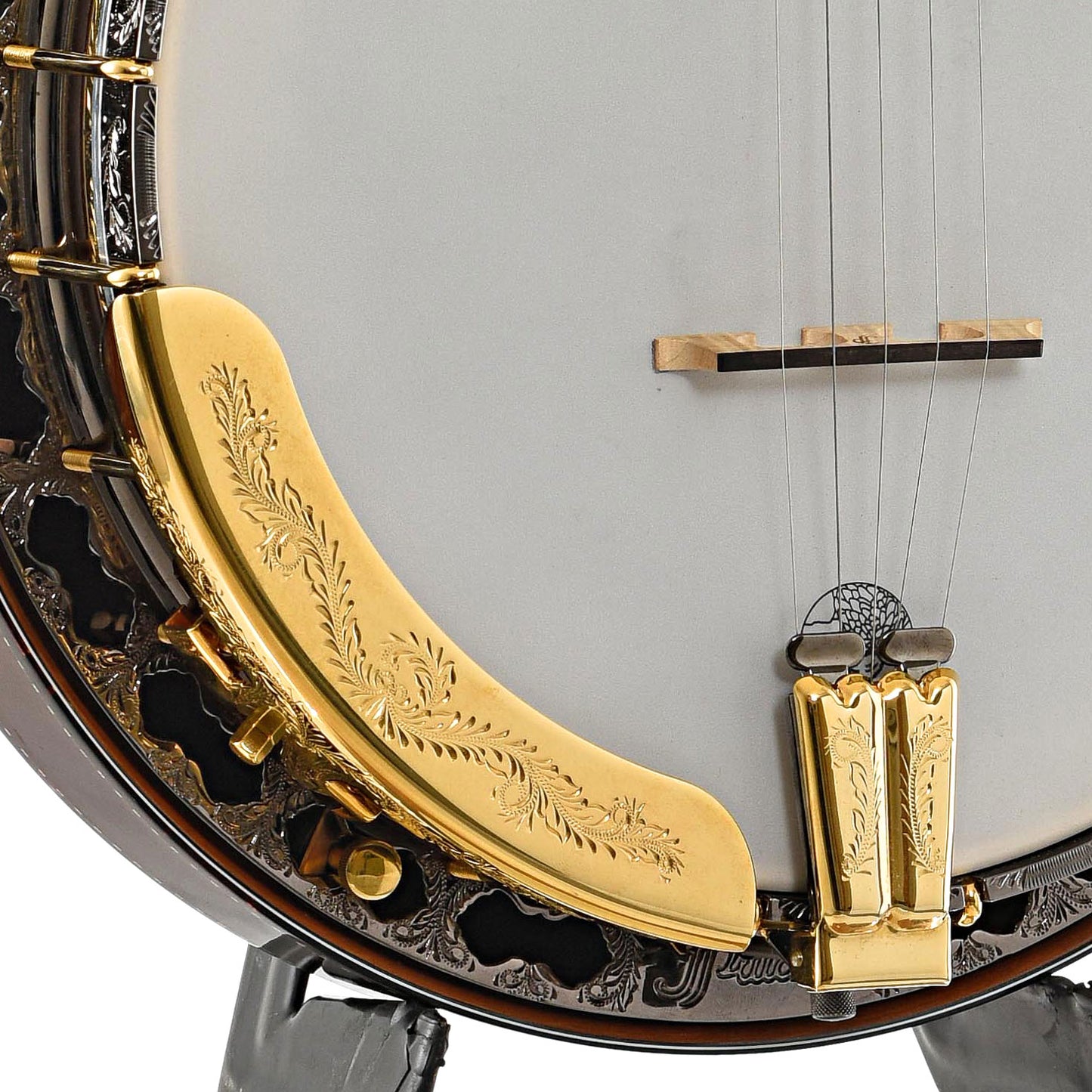 Arnrest, tailpiece and bridge of Prucha Spirit 24 Custom Presentation Resonator Banjo (2014)