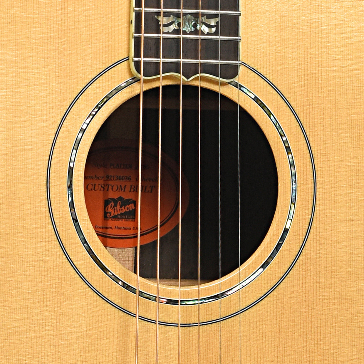 Soundhole of Gibson J-185 Custom Shop Acoustic Guitar