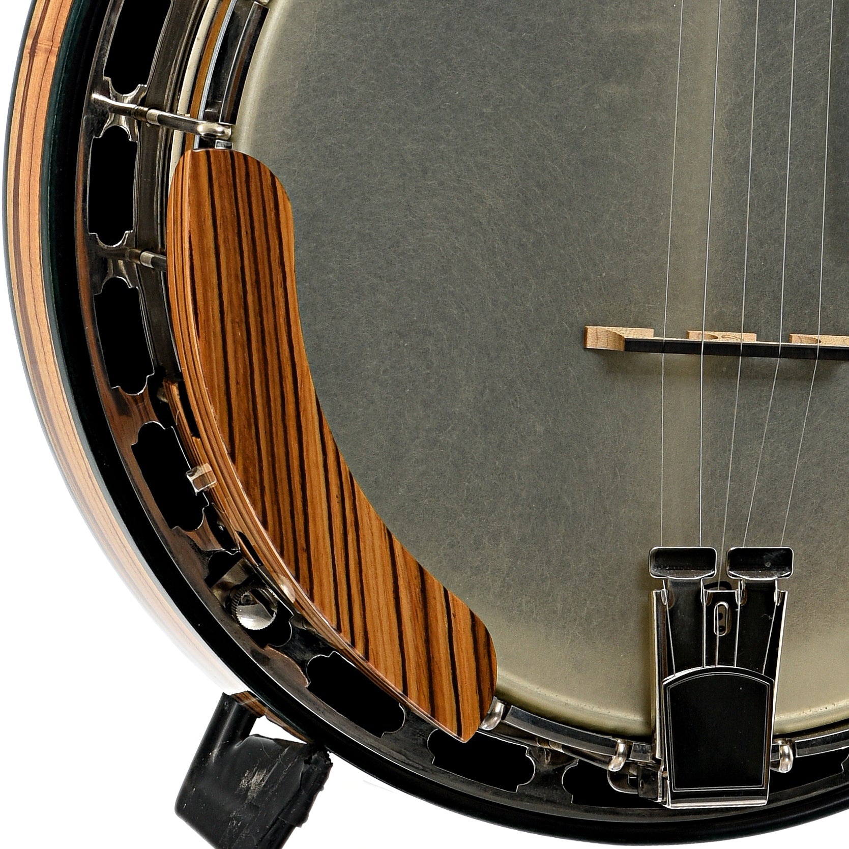 Bridge and armrest of Bishline Custom Zebrawood Resonator Banjo