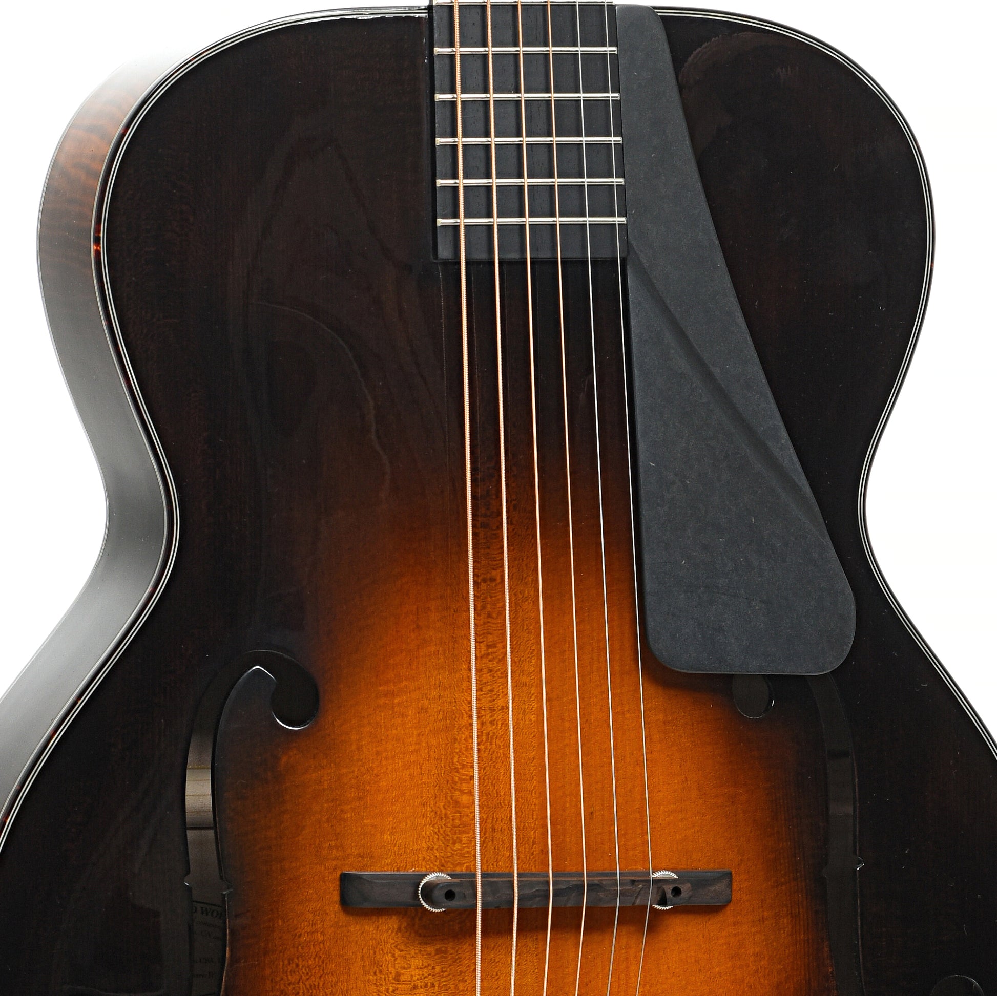 Bridge and pickguard of of Northfield "The Rival" Archtop Acoustic Guitar, Antique Cremona Sunburst