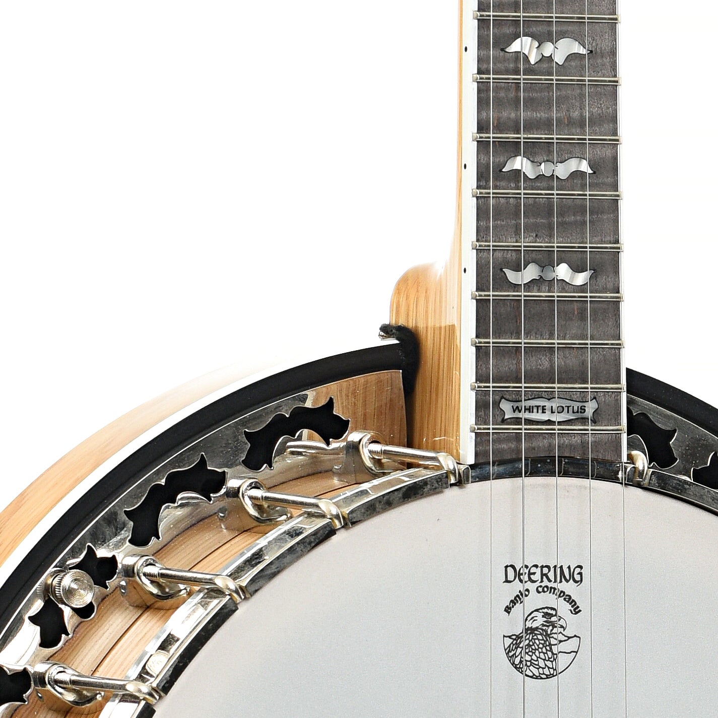 Front body and neck join of Deering White Lotus Resonator Banjo (2021)