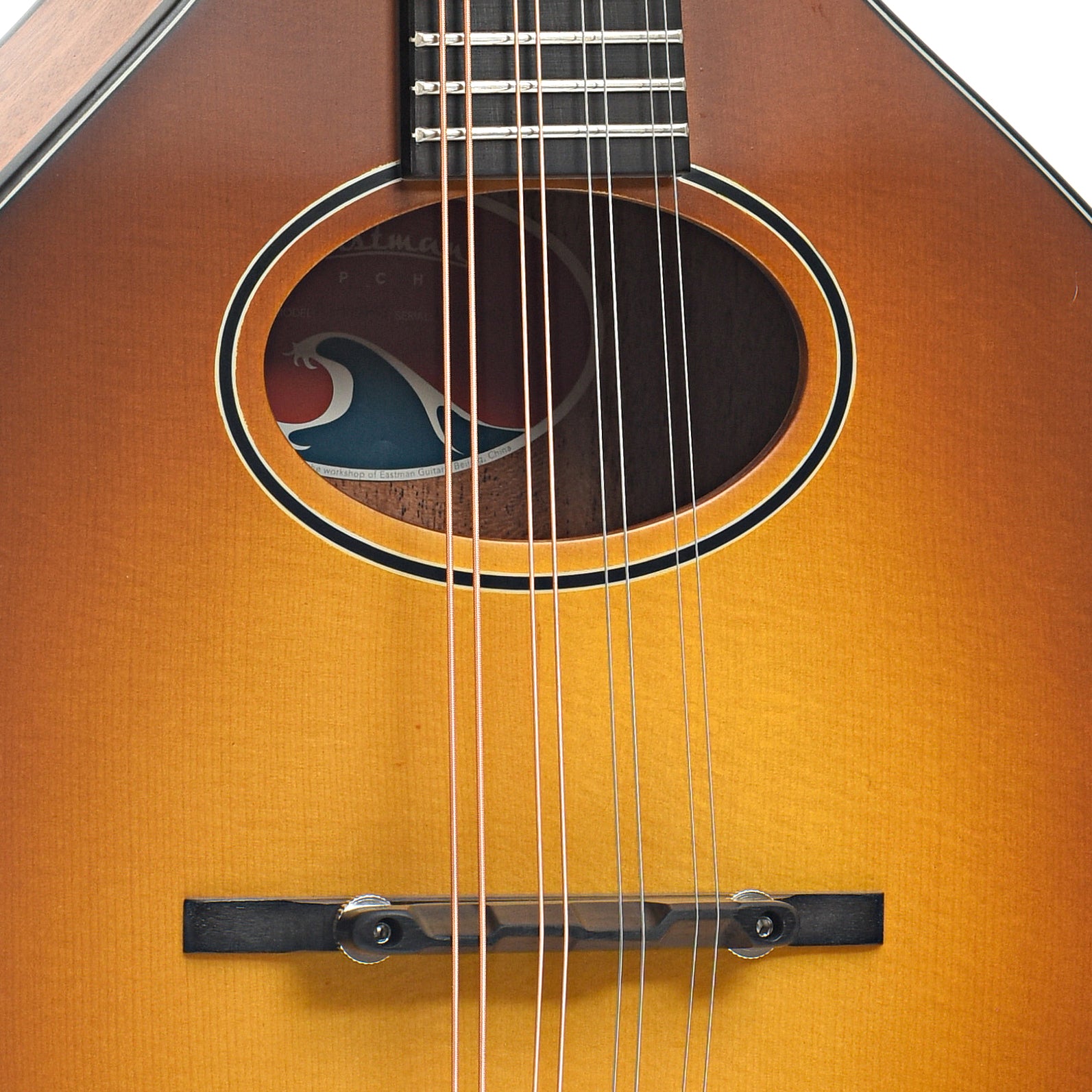 Bridge and soudhole of Eastman PCH-M104 Mandolin Goldburst