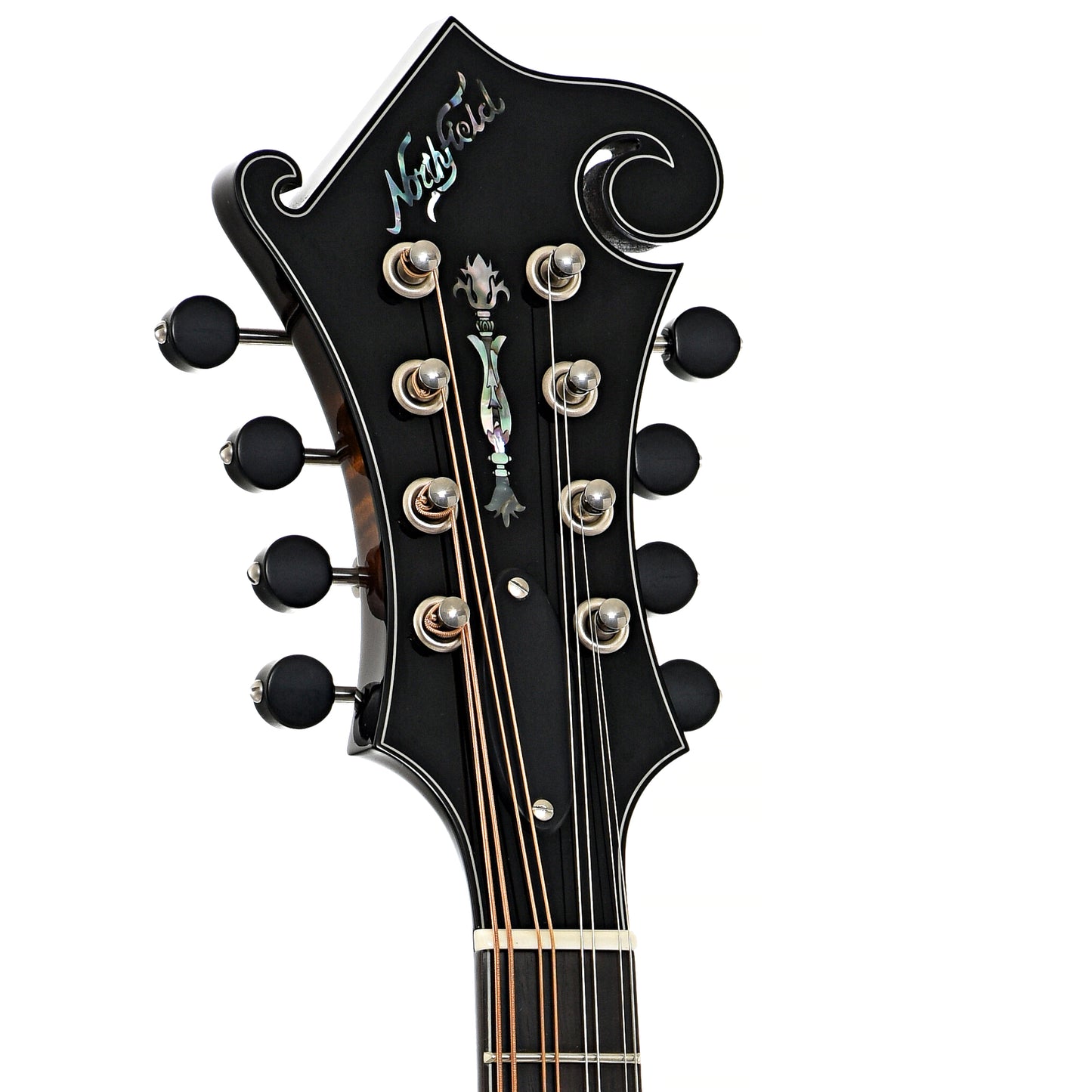 Front headstock of Northfield F5S Limited S Series F-Style Mandolin, Wide Nut, Dark Cherryburst