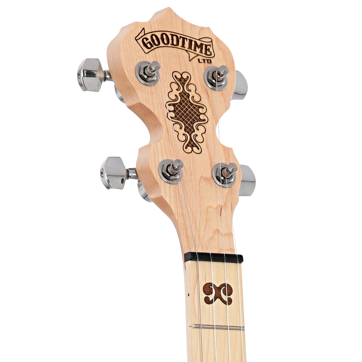 Peghead front of Deering Goodtime 2 Limited Edition Bronze Resonator Banjo, Shopworn