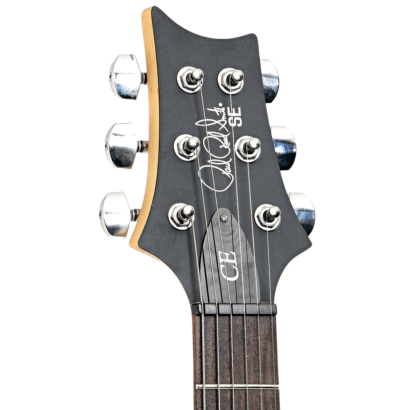 Front headstock of PRS SE CE24 Satin Electric Guitar, Metallic Silver