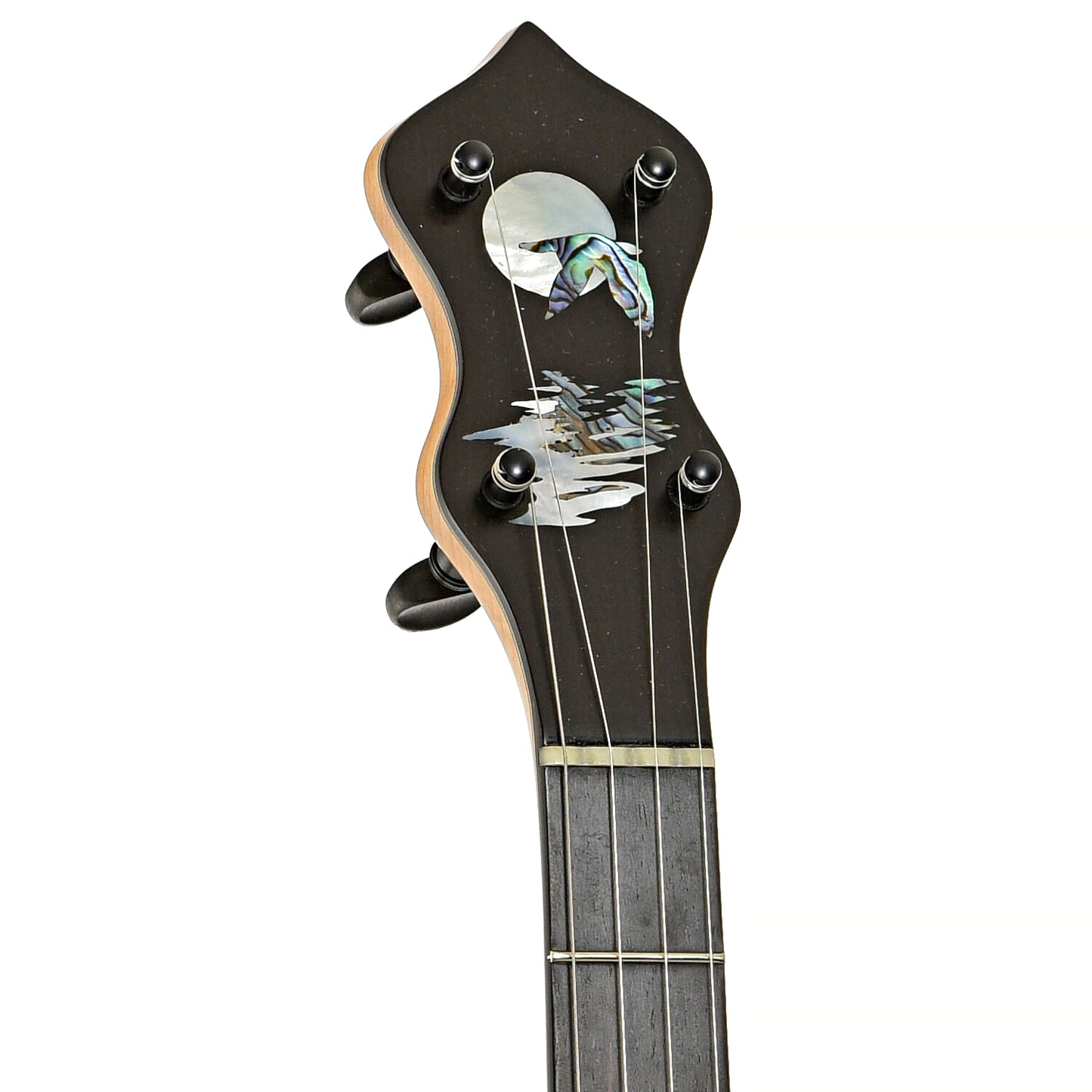 Front headstock of Chuck Lee Prairieville Openback Banjo #861, 12" Rim, Brass Hoop Tone Ring