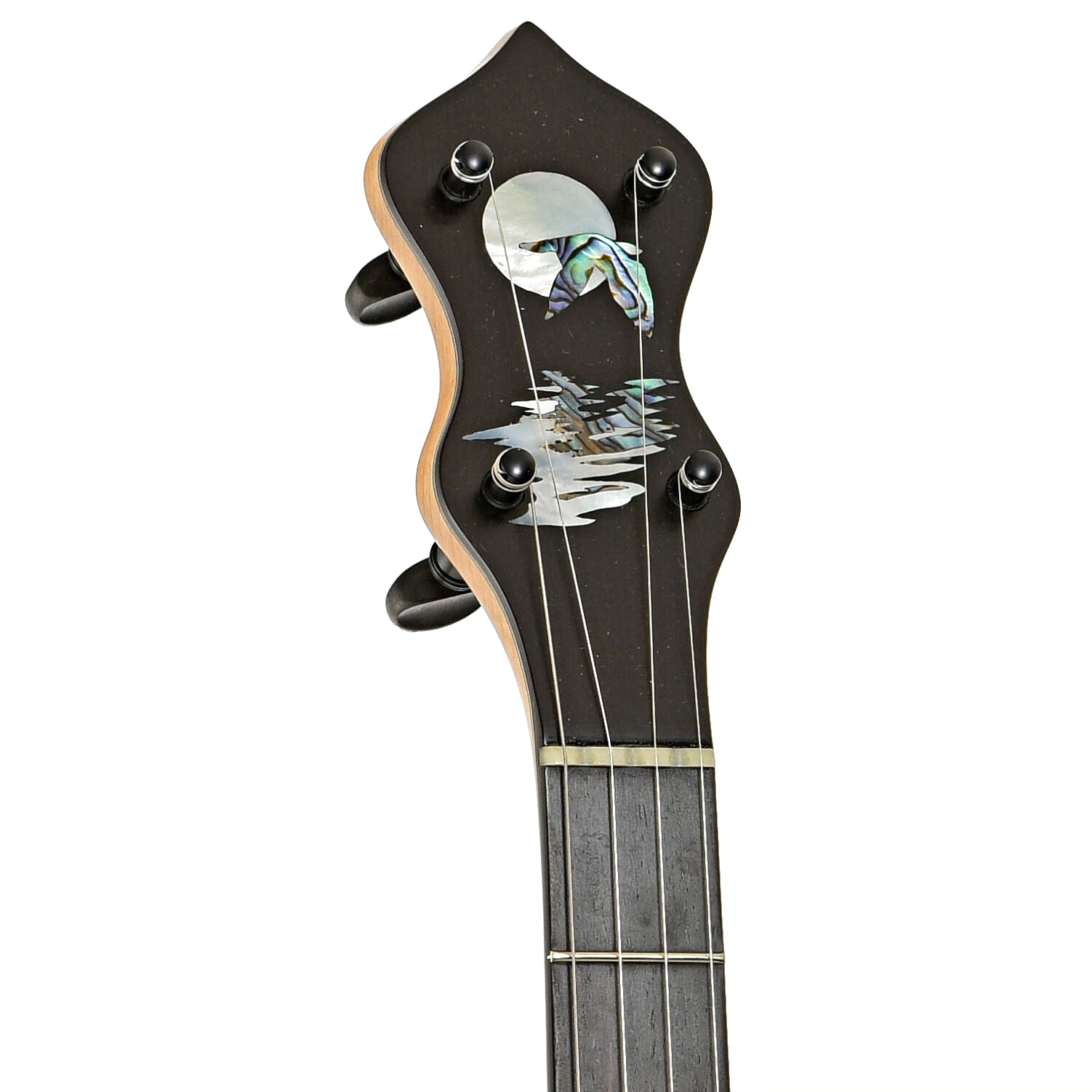 Front headstock of Chuck Lee Prairieville Openback Banjo #861, 12" Rim, Brass Hoop Tone Ring