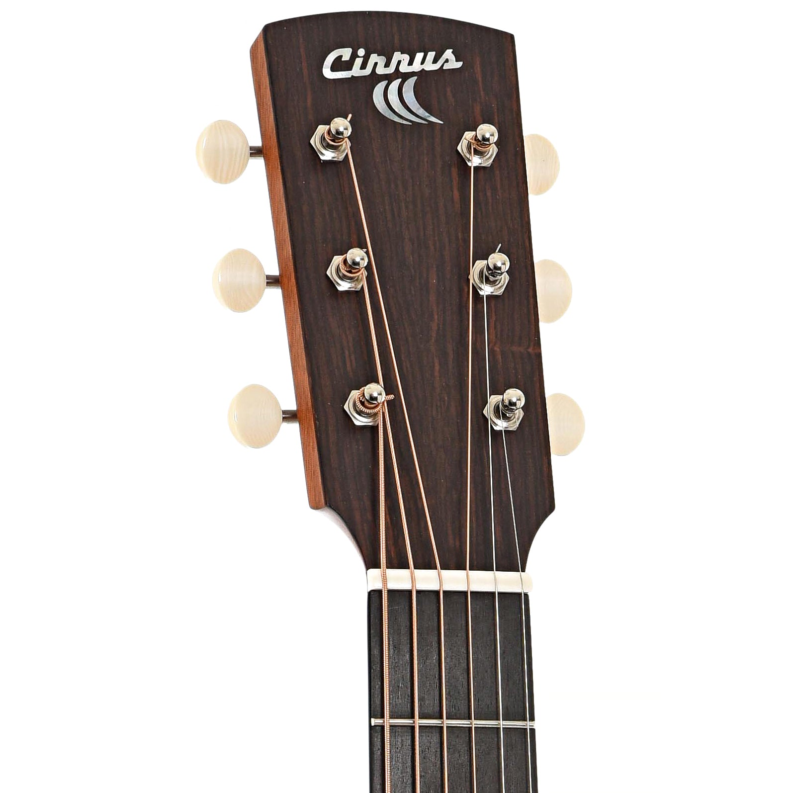 Front headstock of Cirrus Figured Walnut Parlor Guitar